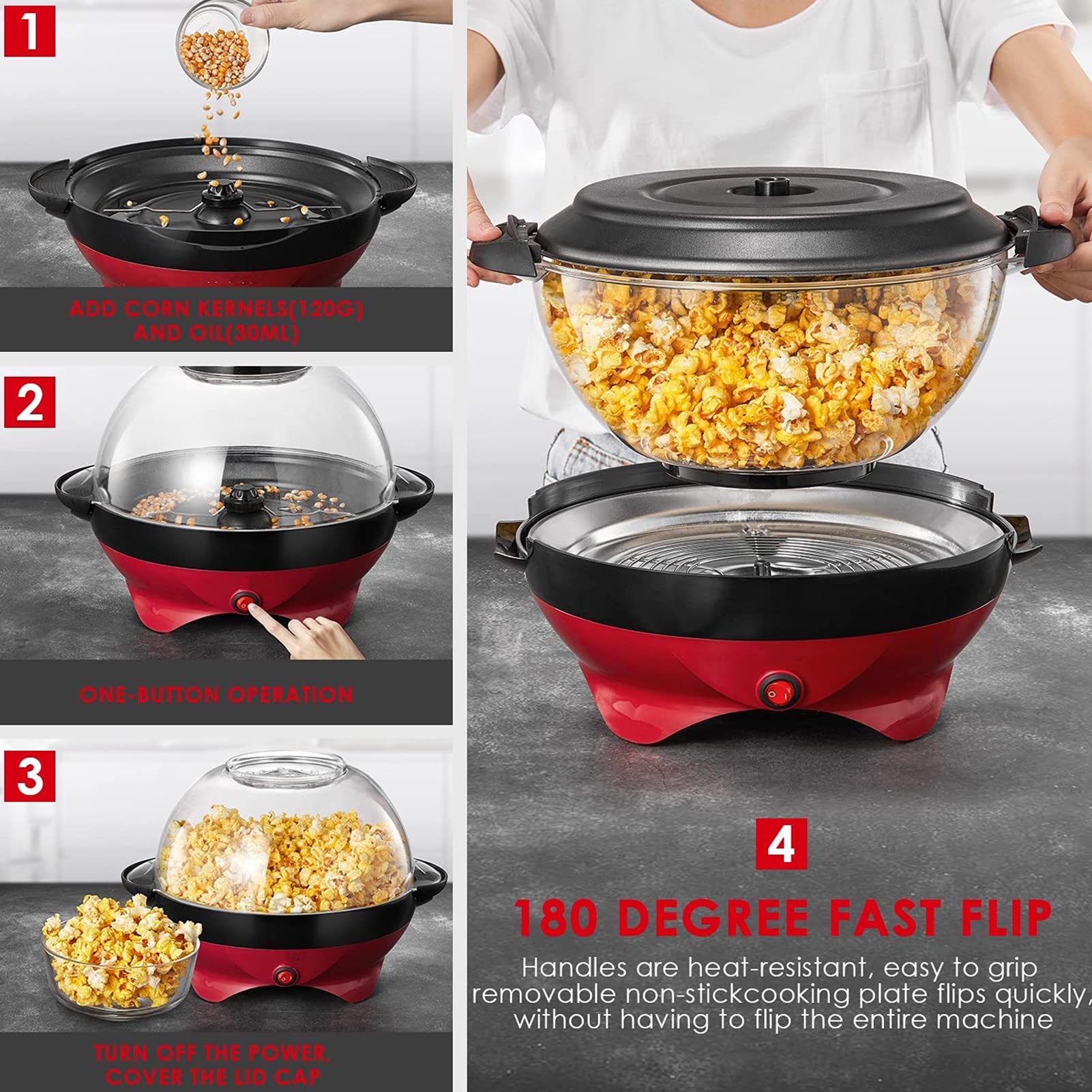 Macchina per Popcorn, Macchina per Popcorn ad Aria Calda, Popper per Popcorn Senza Olio aggiornato, Popper per Popcorn al Burro con Olio Caldo da 850 W con Asta di agitazione, pias