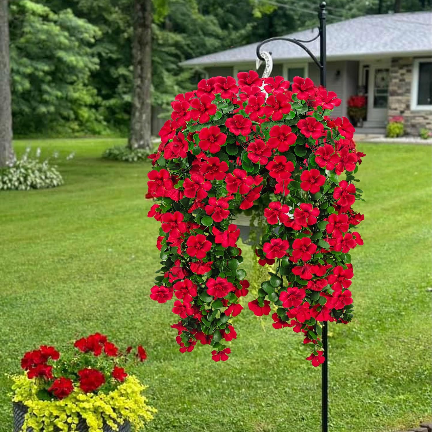 Artificial Geranium Hanging Flowers for Outdoor Decoration, 2 Bundles UV Resistant Silk Geranium Fake Plants Faux Flowers for Front Porch Garden Patio Window Box Outside Indoor Decor (Red)