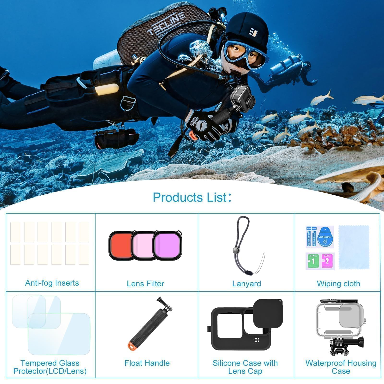 Kit d'accessoires pour Gopro Hero 12 11 10 9 Boîtier étanche Poignée Flottante en Silicone Capuchon d'objectif Verre trempé Protecteurs d'écran Filtres de plongée Inserts Anti-buée Complet