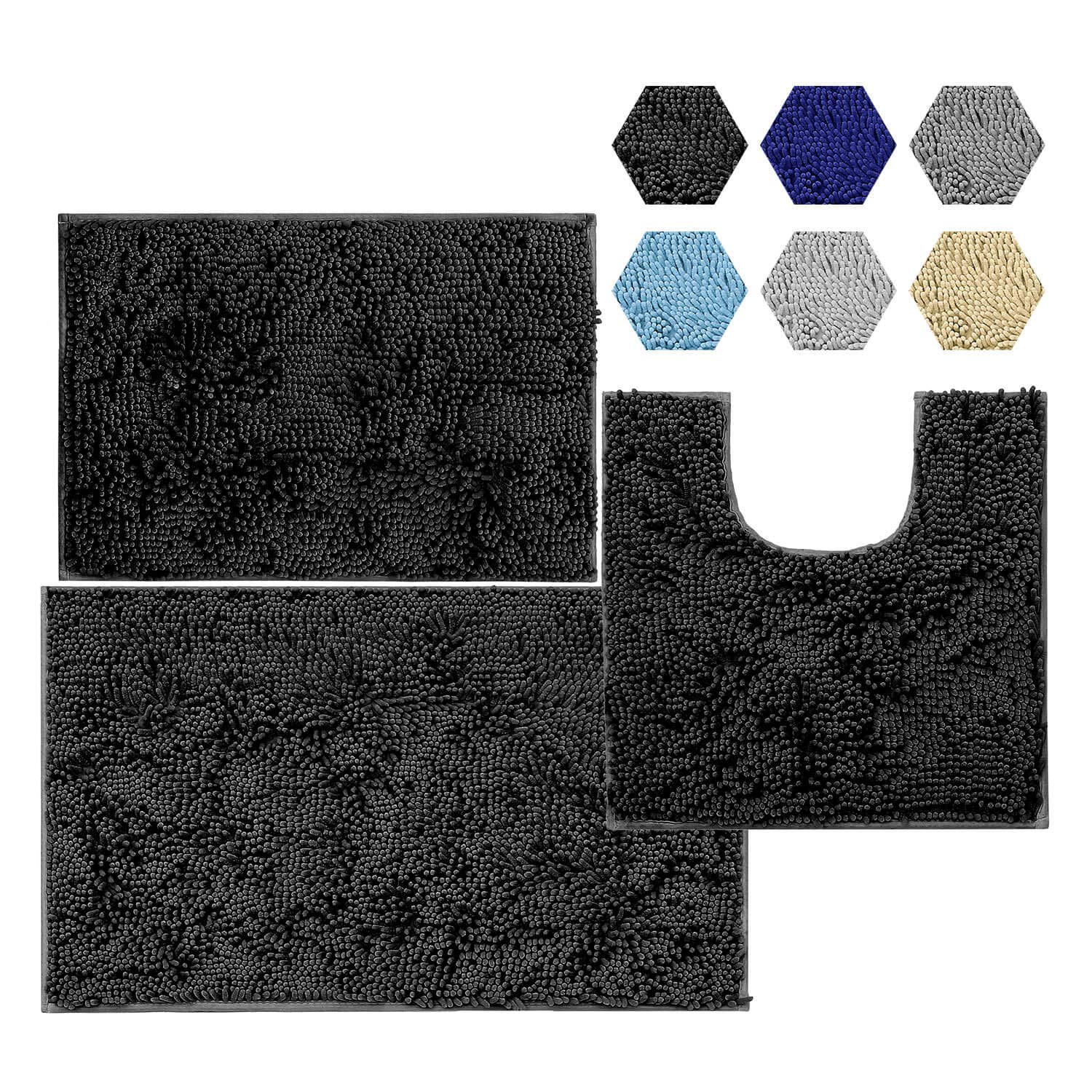 KINMEGO 3 Pieces Bathroom Rugs Set, Super Absorbent Luxury Shaggy Chenille Bath Mats Set, Durable Soft Bath Rugs Non Slip Washable for Tub, Shower, Bathroom (Long, Black)