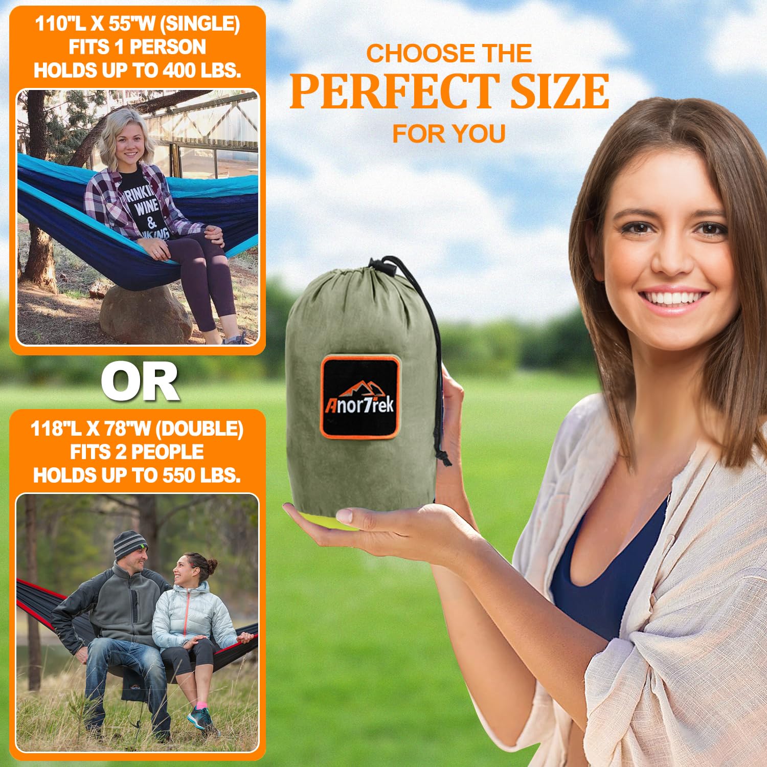 Anortrek lekki przenośny hammock Single & Double Hammock with Tree Straps [10 FT/18+1 Loops], Parachute Hammock na kemping, wędrówki, do ogrodu, na podwórko (Blue&Sky Blue, Double 78''W x 118''L)