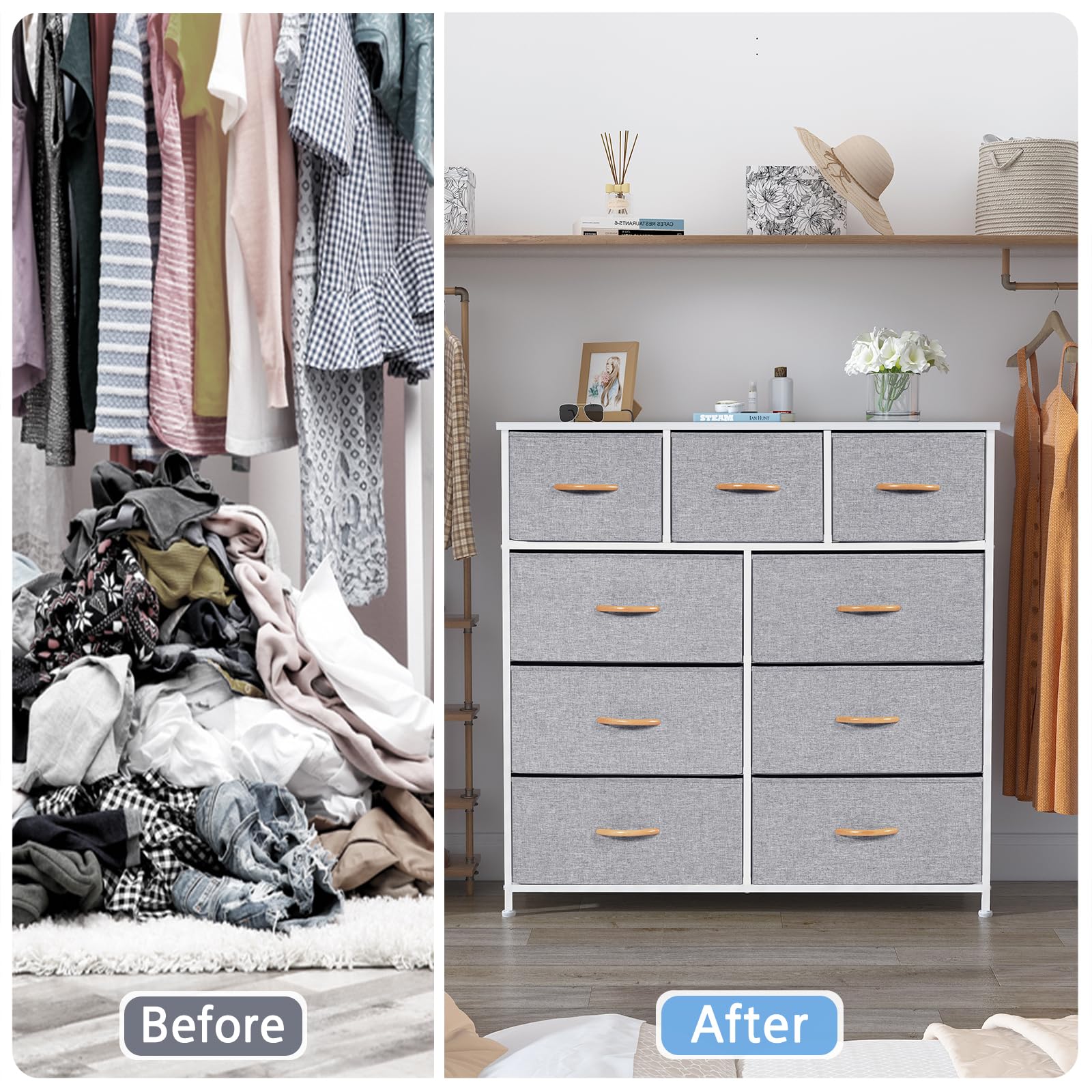 YITAHOME Ladekast met 9 laden voor slaapkamer, stoffen dressoir, opbergladen met handgrepen, metalen frame voor woonkamer, hal, rustiek bruin