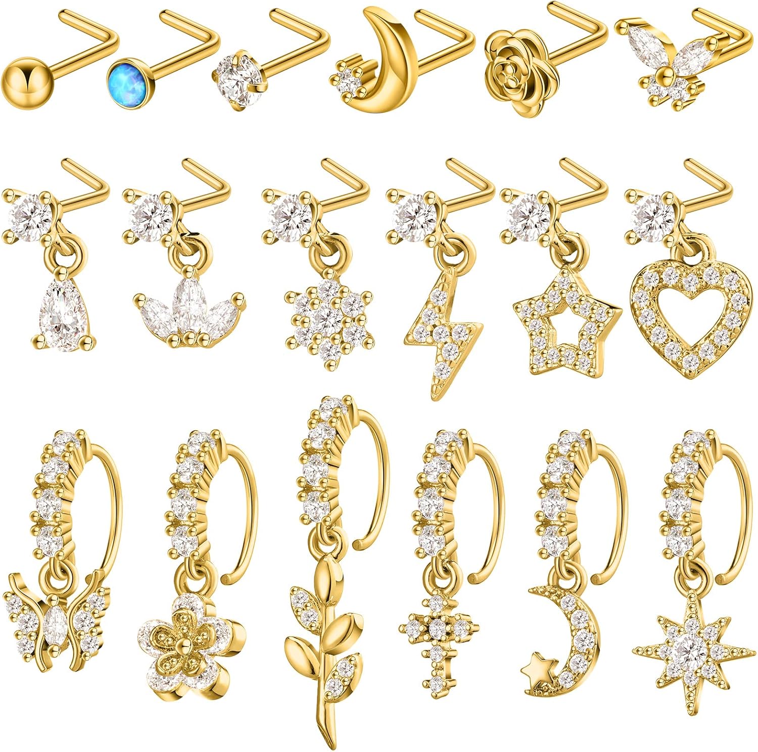 Bonuci 18 Pcs Dangle Nose Ring L Shaped Dangling Nose Stud Nose Ring Hoop Indian Nose Piercing Jewelry with Charm