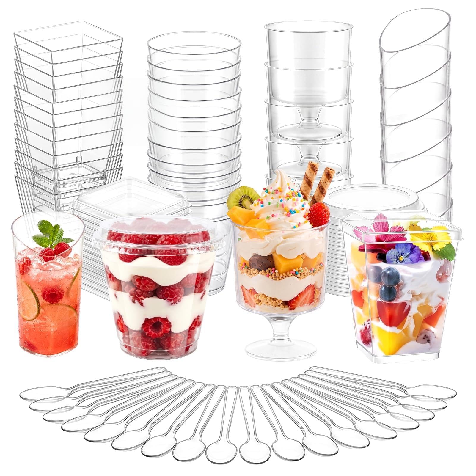 5 oz Plastic Mini Dessert Cups Lids &amp; Spoons - 400 Pack 4 Styles