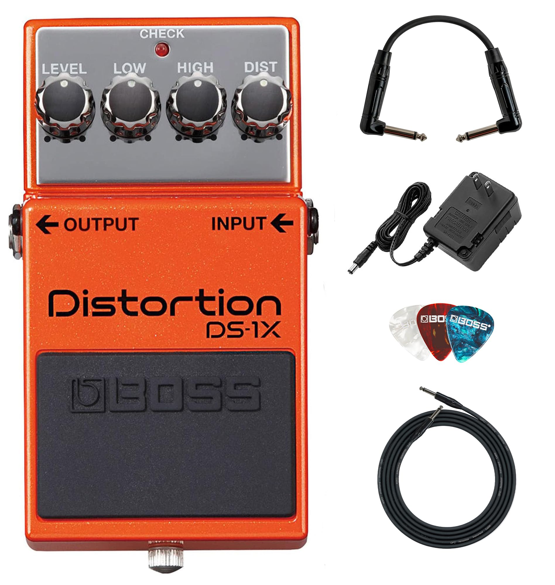 Boss DS-1X Distortion Bundle with Gearlux Power Supply, Instrument Cable, Patch Cable, and Picks