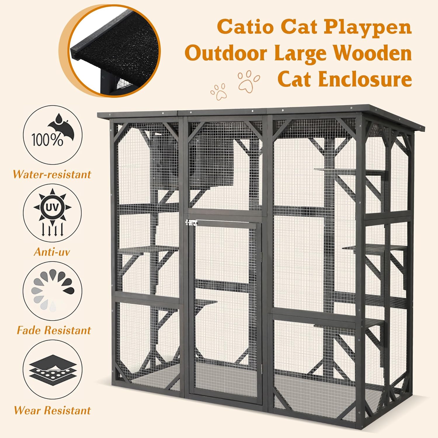 Catio Outdoor Cat Enclosure,4 Tiers Large Outdoor Cat Enclosures for Mulitiple Cats Walk in Cat Patio with Waterproof Roof, 74" Outdoor Catios with Hanging Hammock, Bridge (Dark Grey)