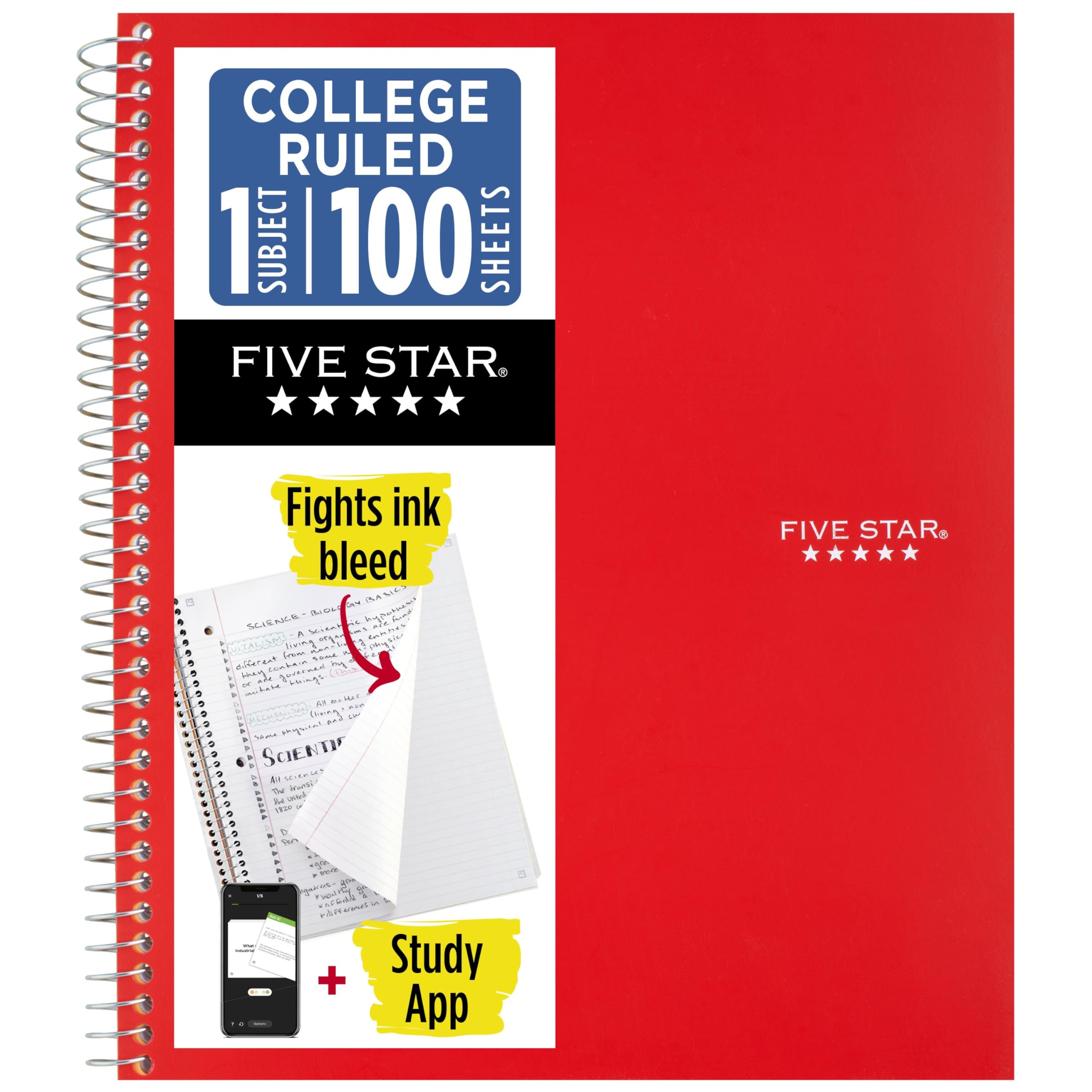 Five Star Spiral Notebook + Study App, 1 Subject, College Ruled 8.5" x 11" Paper, 100 Sheets, Fire Red (820002CK1)