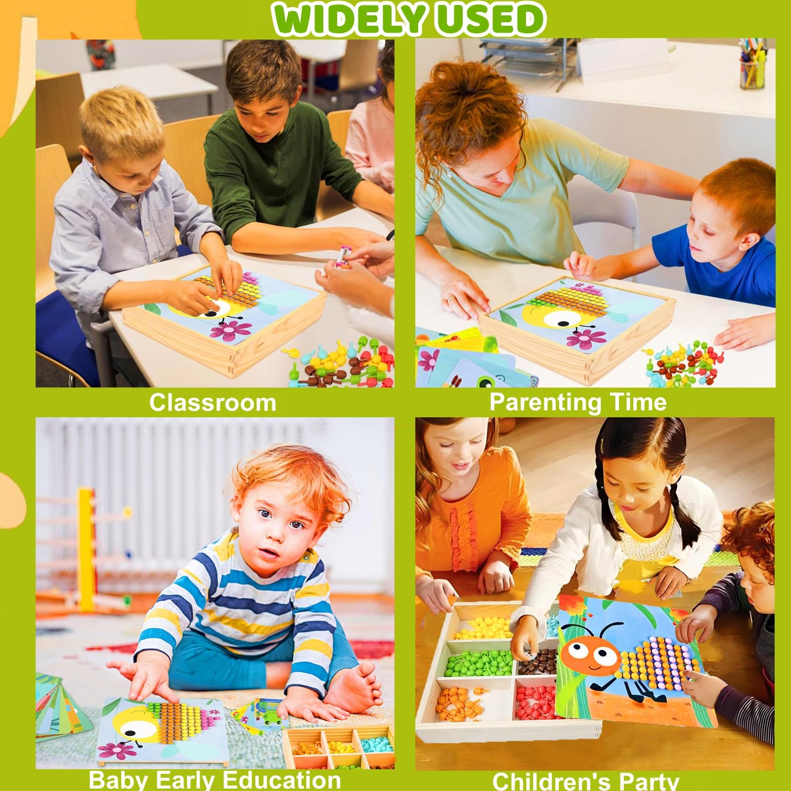 Jeu De Mosaïque En Bois Pour Enfants 3-7 Ans - 240 Clous Champignons, 10 Cartes, Jouet Montessori
