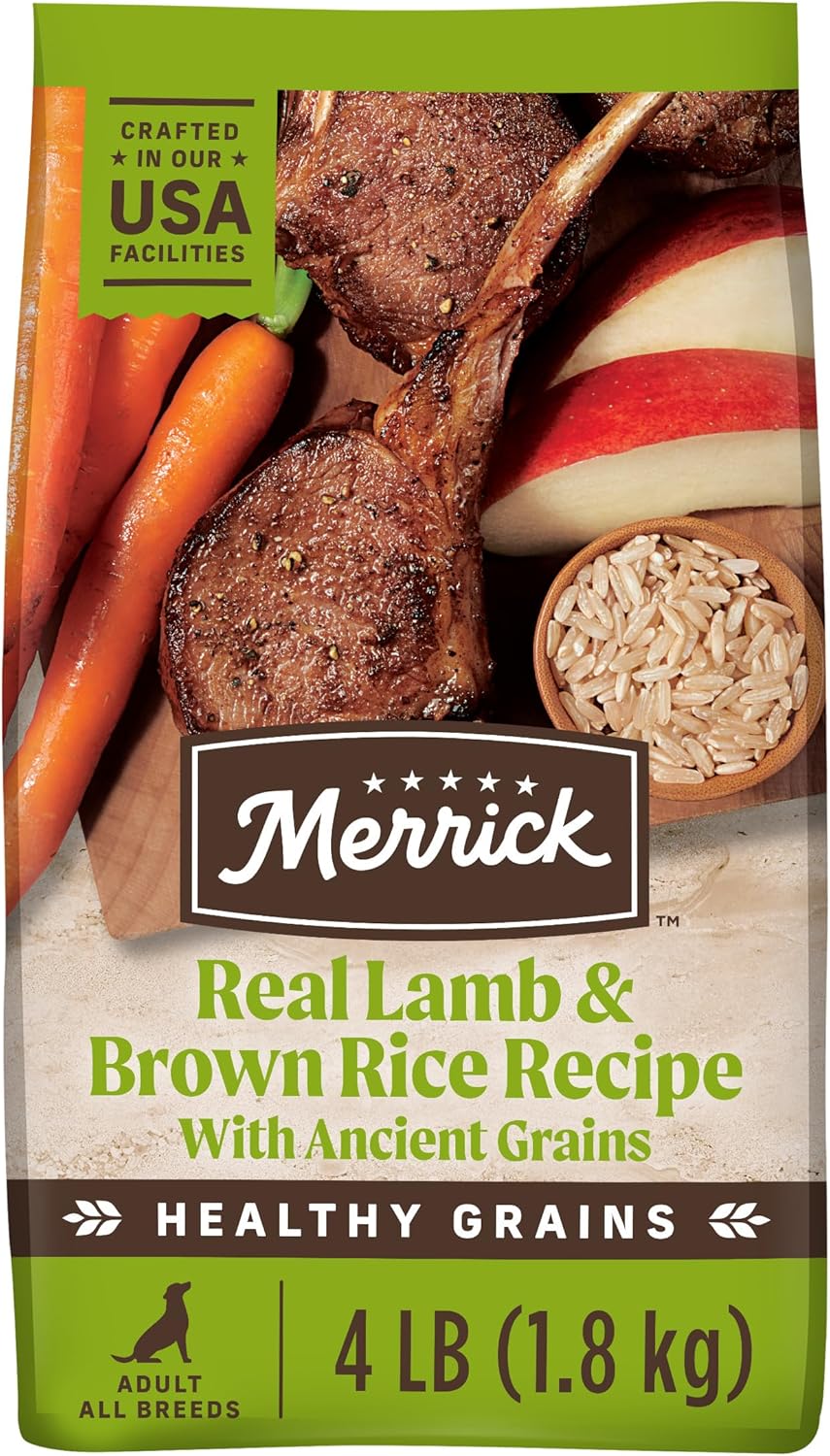 Merrick Healthy Grains Premium Adult Dry Dog Food, Wholesome And Natural Kibble With Lamb And Brown Rice - 4.0 lb. Bag