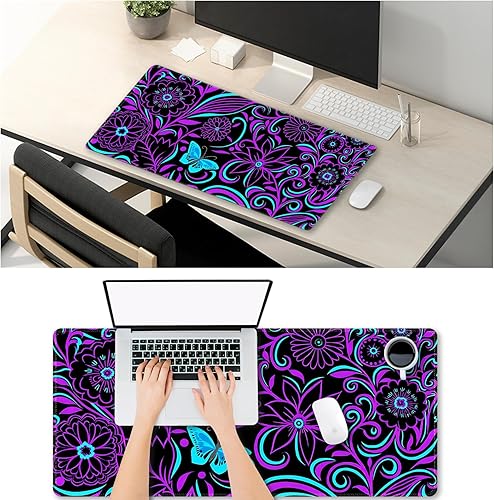 Vista 39 de ARTSO Alfombrilla de escritorio grande negra, alfombrilla de mouse para juegos XXL, alfombrilla de escritorio antideslizante con base de goma, Flor