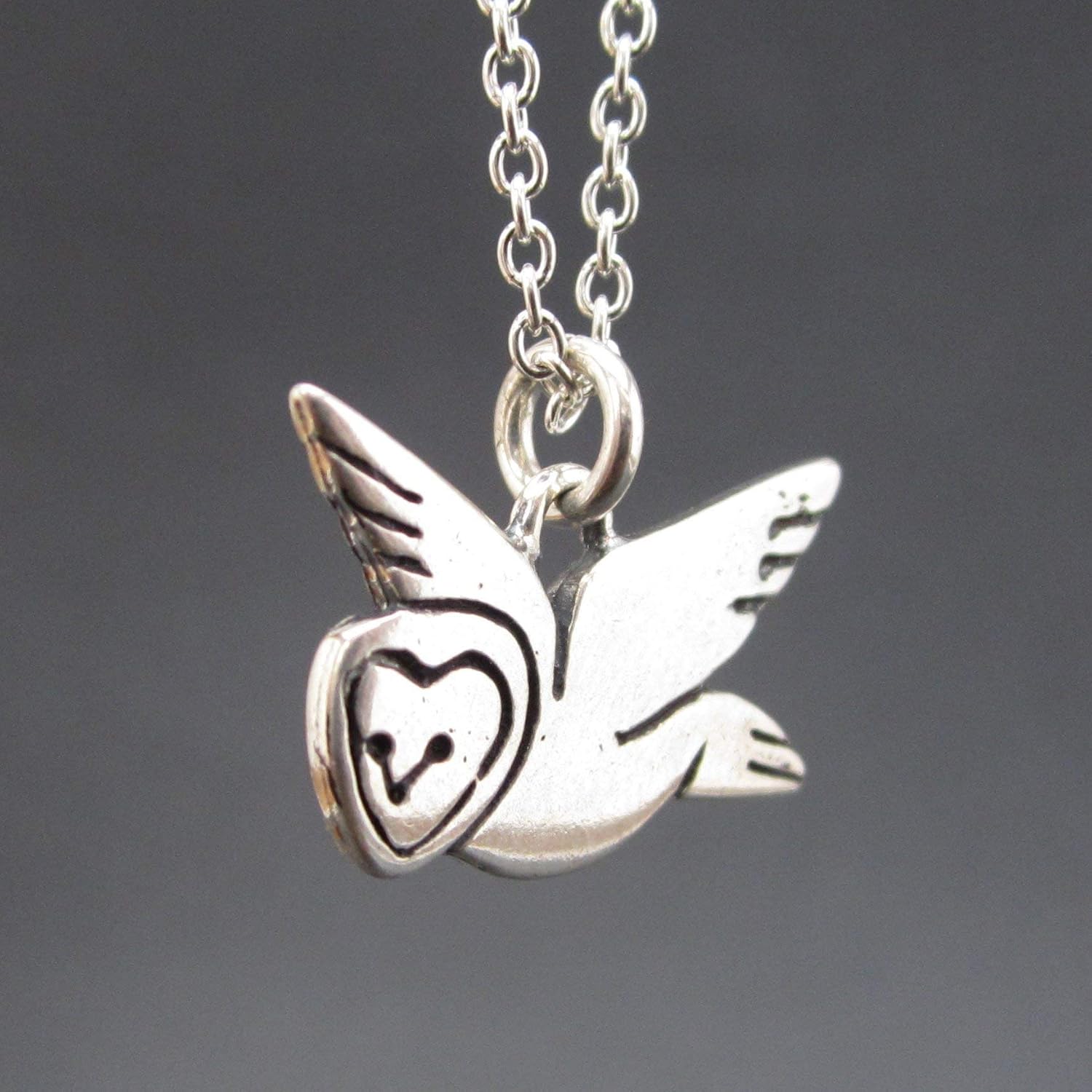 Mark Poulin Sterling Silver Flying Barn Owl Charm Necklace on 16" 18" 20" Adjustable Sterling Silver Chain - Owl Jewelry