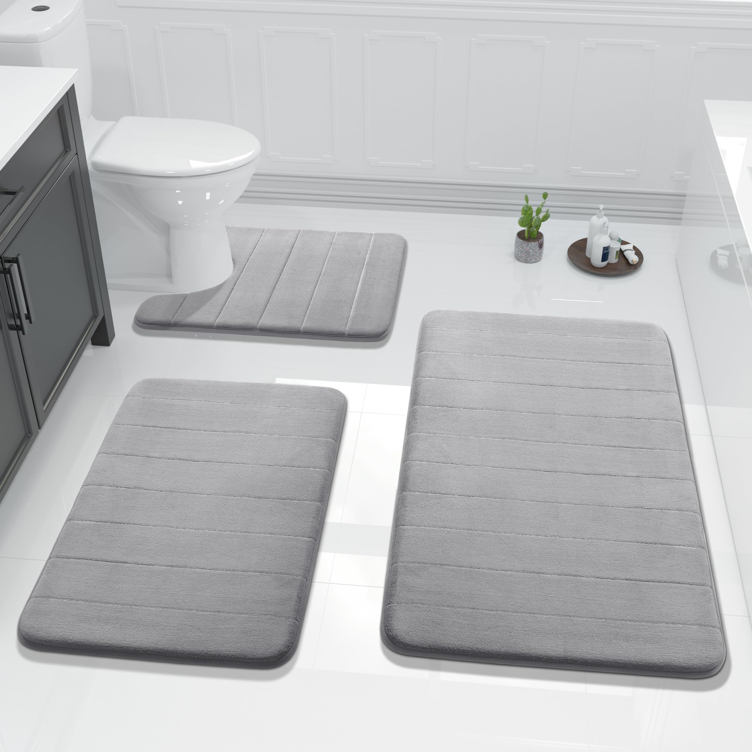 Yimobra 3 Pieces Memory Foam Bath Mat Set with U-Shaped Toilet Rug - Non Slip Super Soft Absorbent Quick Dry Bathroom Rugs for Bathtub, Vanity & Toilet Base, Gray