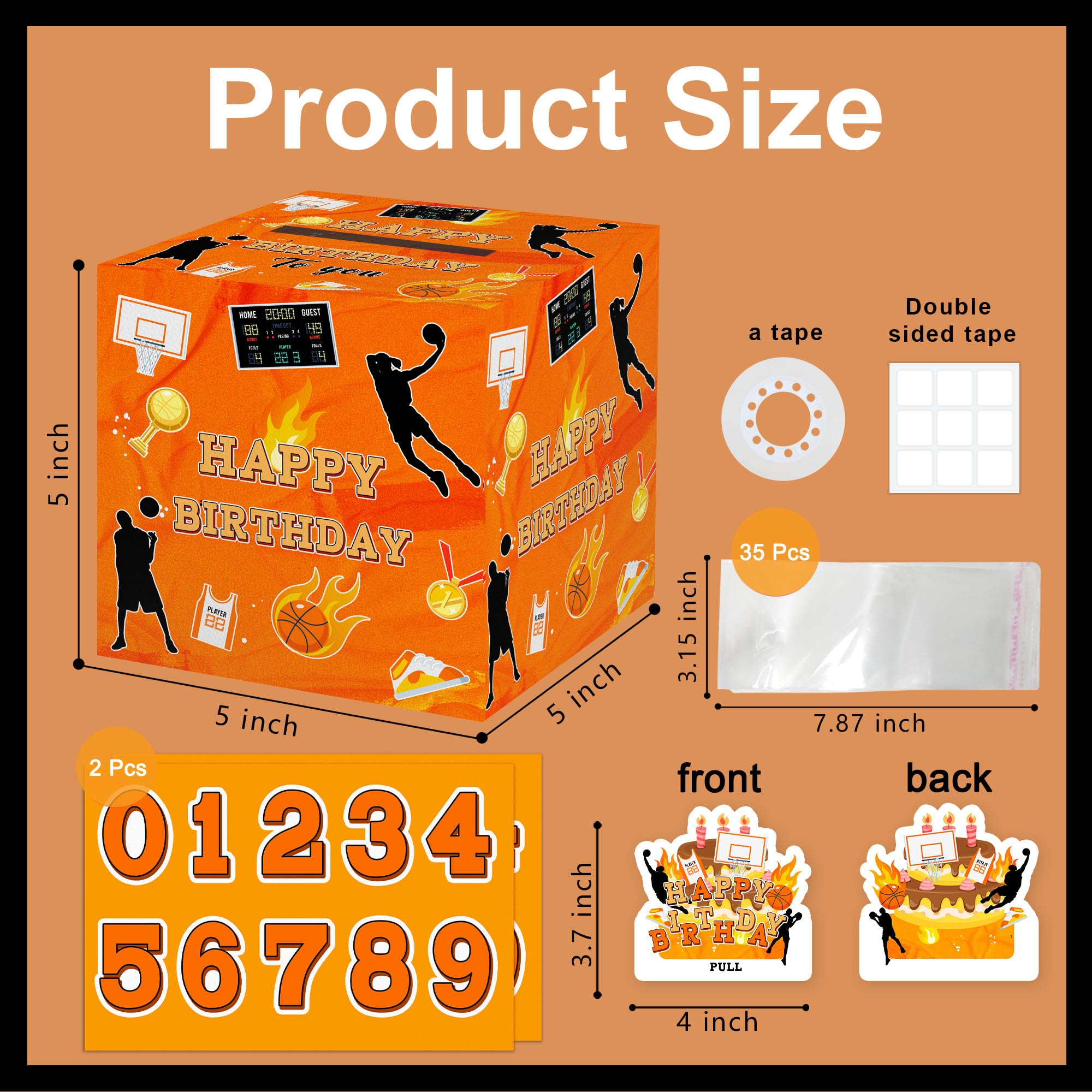 Cidobi Basketball Birthday Money Gift Box with DIY Stickers, Surprise Basketball Themed Money Box with 35 Transparent Bags