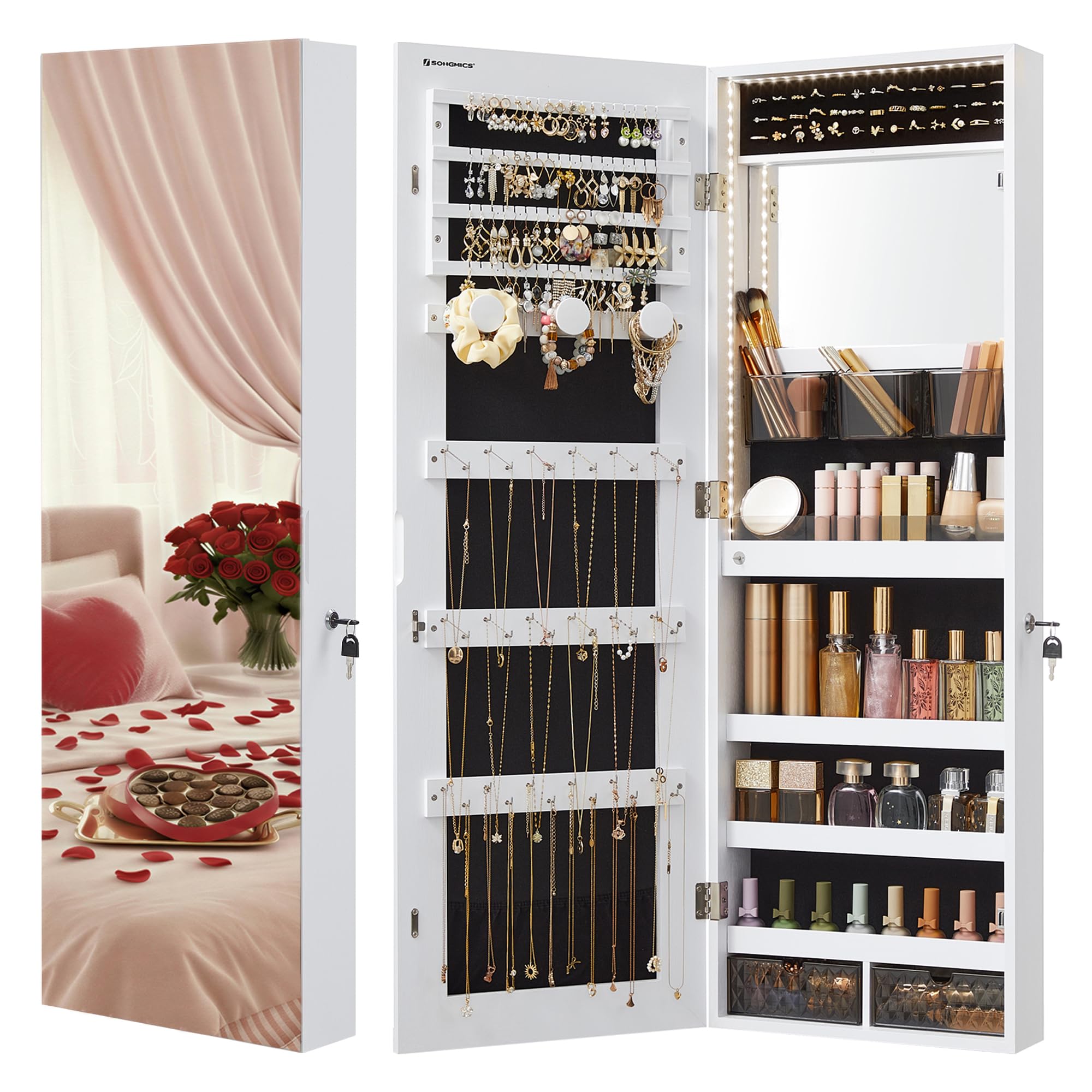 SONGMICS Mirror Jewelry Cabinet Armoire Organizer, Wall or Door Mount Storage Cabinet with Full-Length Frameless Lighted Mirror, Built-in Makeup Mirror, 2 Drawers, Lockable, White UJJC013W01