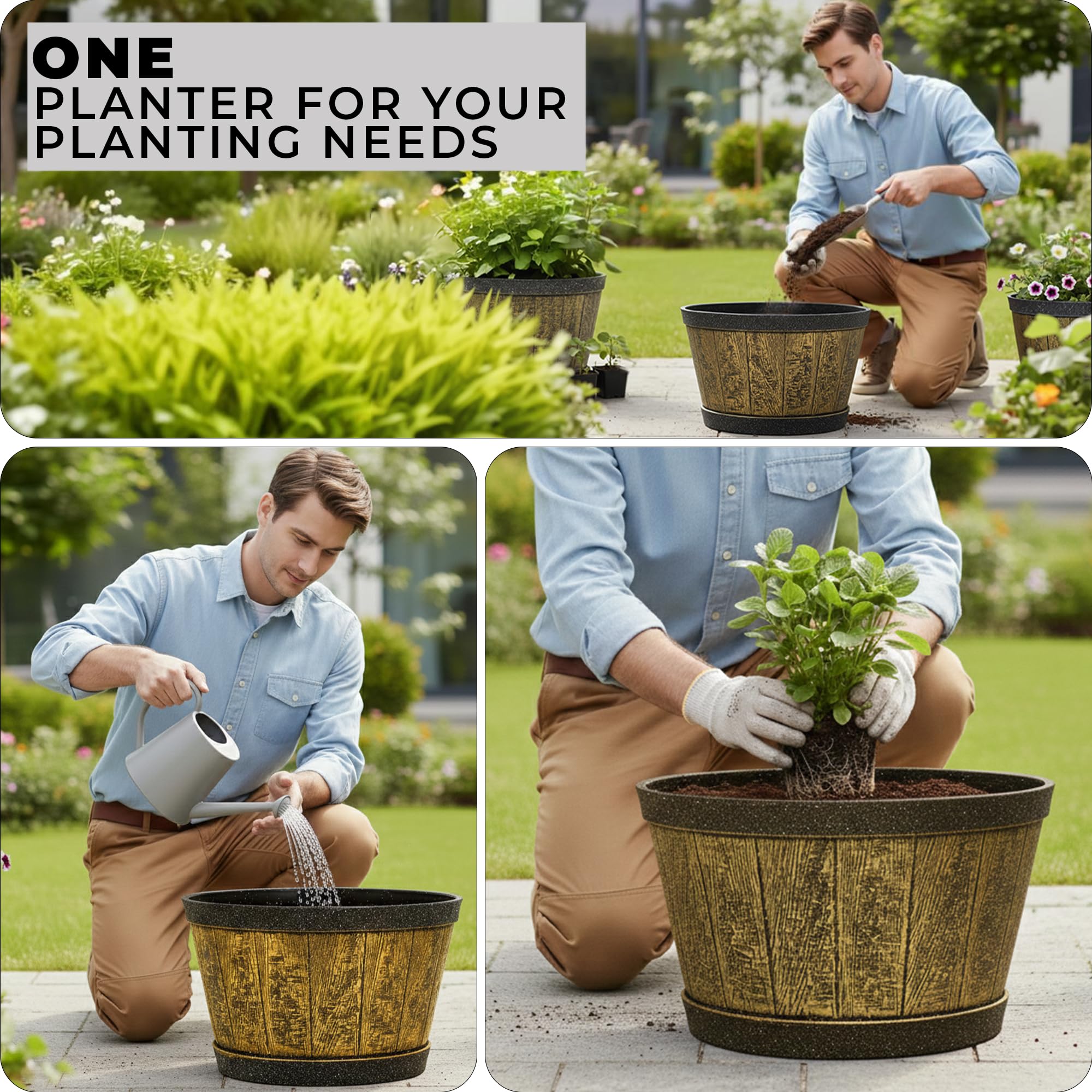 SG Traders Round Plastic Whisky Barrel Garden Pot Flower Pots Planter Tub Patio Pot Outdoor Traditional Barrel Brown with Silver Bands Garden Plant Pot Outdoors with Drainage Holes (Pack of 1) - Image 6