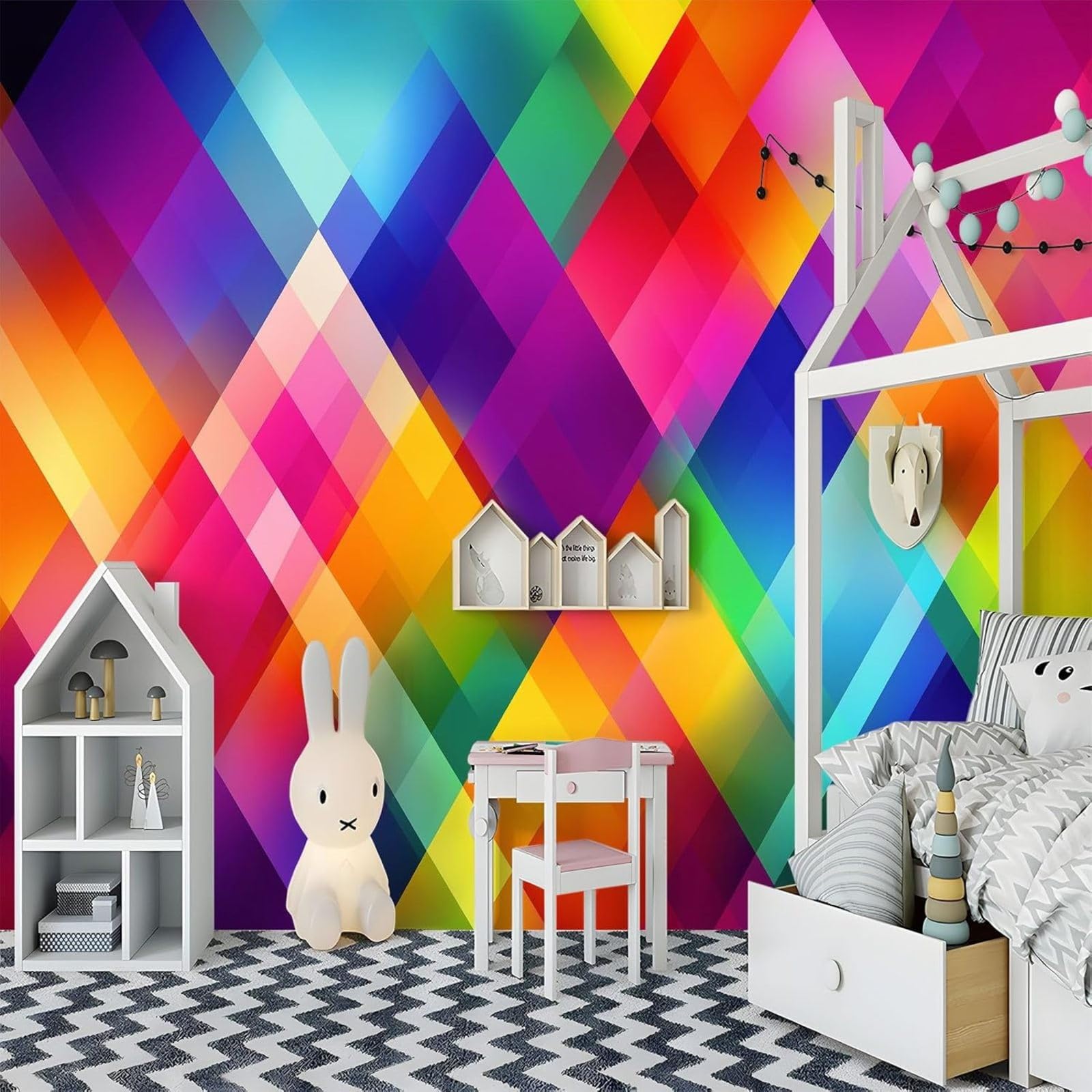 Non-woven wallpaper, abstract art, multicolored; photo wallpaper, geometric shapes, rainbows, color blocks for children's room, living room, TV background - modern wall decoration, 430cm x 300cm; stic