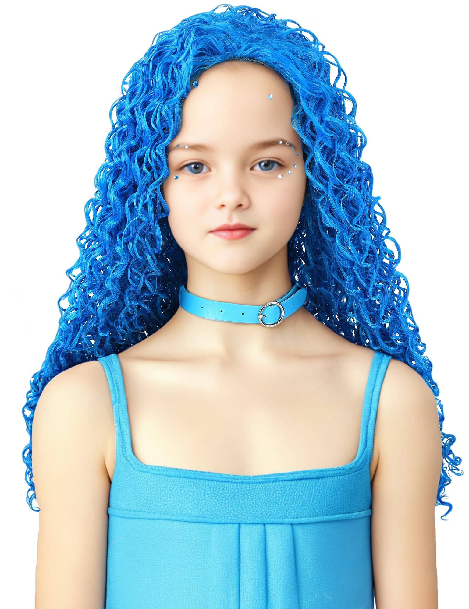 AMZCOS Long Blue Curly Wavy Synthetic Wigs with Blue Choker and Rhinestones Stickers for Girls Kids Teens Cosplay Halloween Party