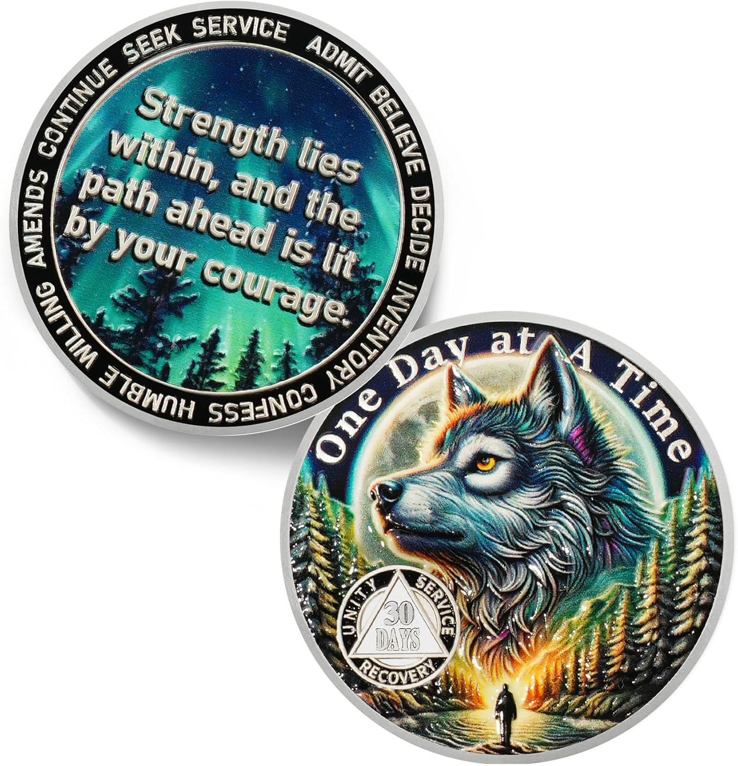 One Day At a Time 4 Year Sobriety Coin - Recovery Aurora Forest Wolf AA Coins - Addiction NA AA Chips and Medallions - Celebrate 1-20 Living Clean Narcotics Alcoholics Anonymous Gifts for Men Women