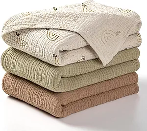 lulumoon Baby Muslin Swaddle Blankets: Soft Receiving Blanket for Newborn - Cotton Swaddling Blanket for Neutral 3Pack(Rainbow Khaiki)