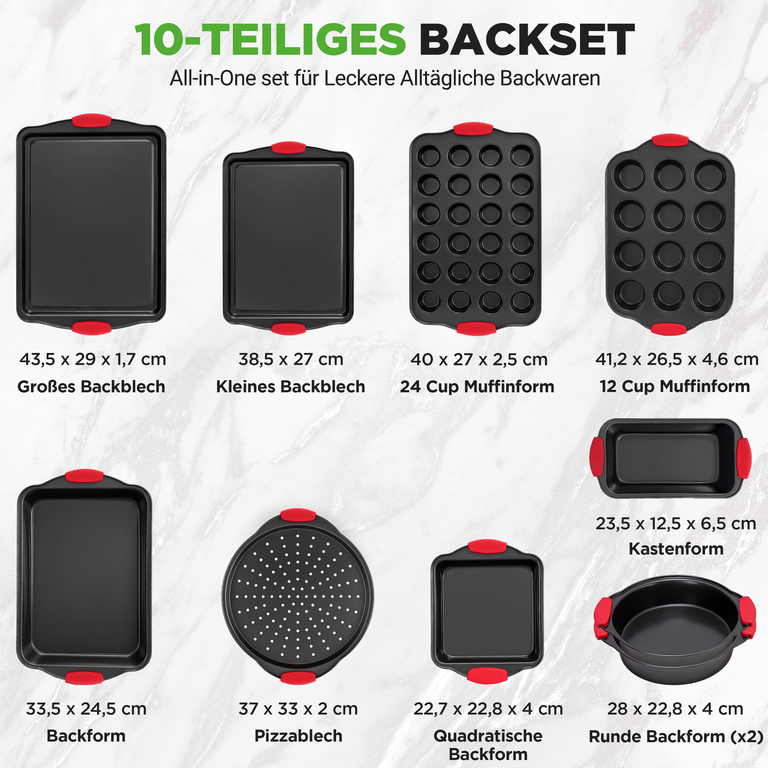 NutriChef 10-teiliges Backset aus Karbonstahl – Muffinform, Backblech, Brotbackform und rundes Pizzablech
