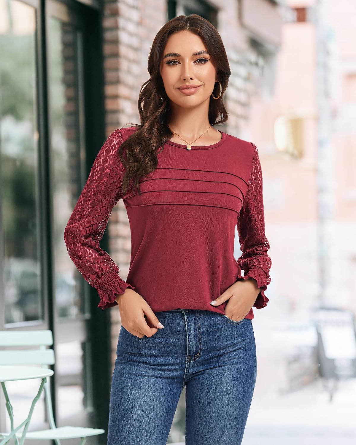Womens Long Sleeve Shirts Pleated Front Business Casual with Crewneck Lace Tunic Tops Fit Blouse for Fall Wine Red M - Image 3