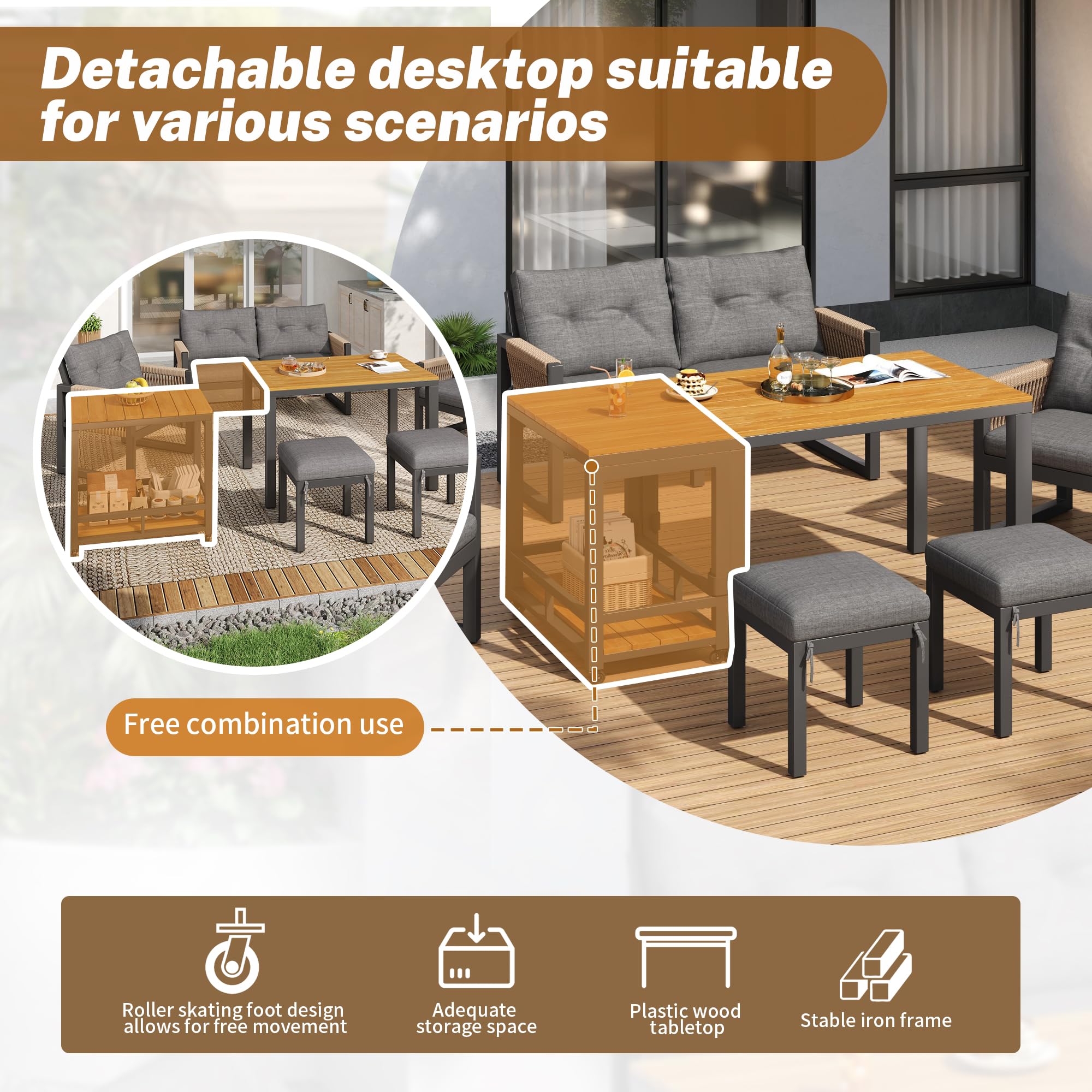 Conjunto Jardin Exterior 7 Piezas, Muebles Jardin Exterior con Sofá de 2 Plazas, 2 Sillones, 2 Taburetes y 1 Mesa Desmontable, Mesa y Sillas Terraza Exterior para 6 Personas, Gris+Natural