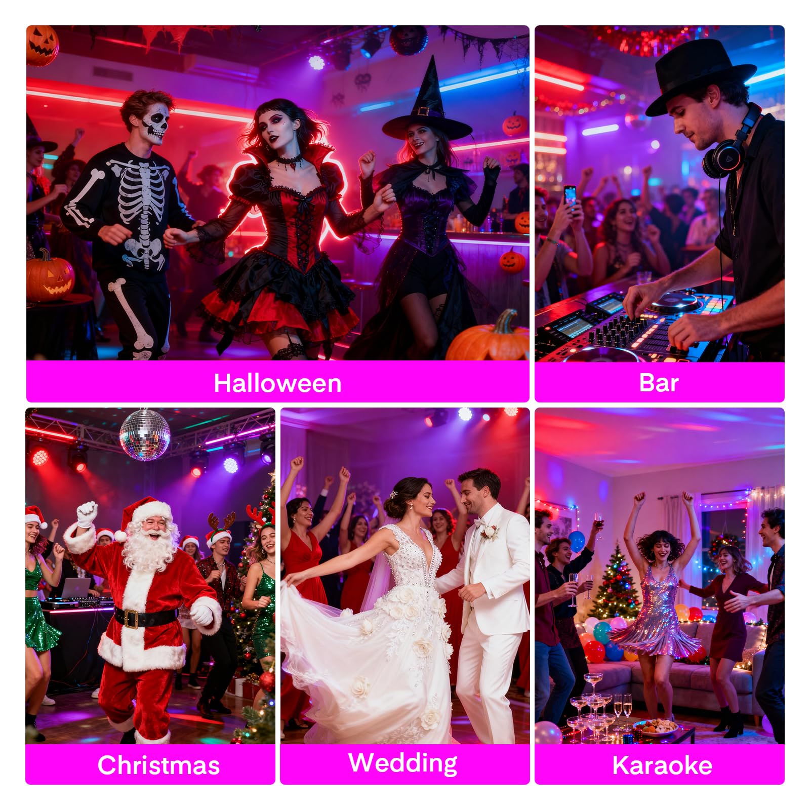 Luci da discoteca LED RGB 6 in 1 con supporto e telecomando, controllo musicale, portatili per feste ed eventi
