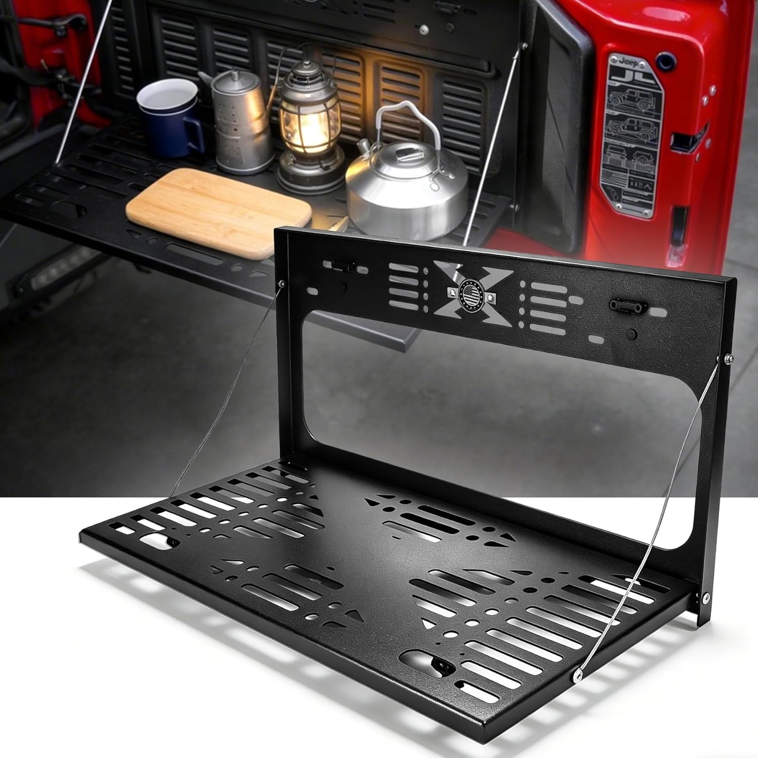 Tailgate Table Fits 2007-2026 Wrangler JK JL JLU, Rattle-Free Foldable Rear Storage Shelf with Tactical Molle Panel, Heavy-Duty Outdoor Camping Table & Overlanding Gear