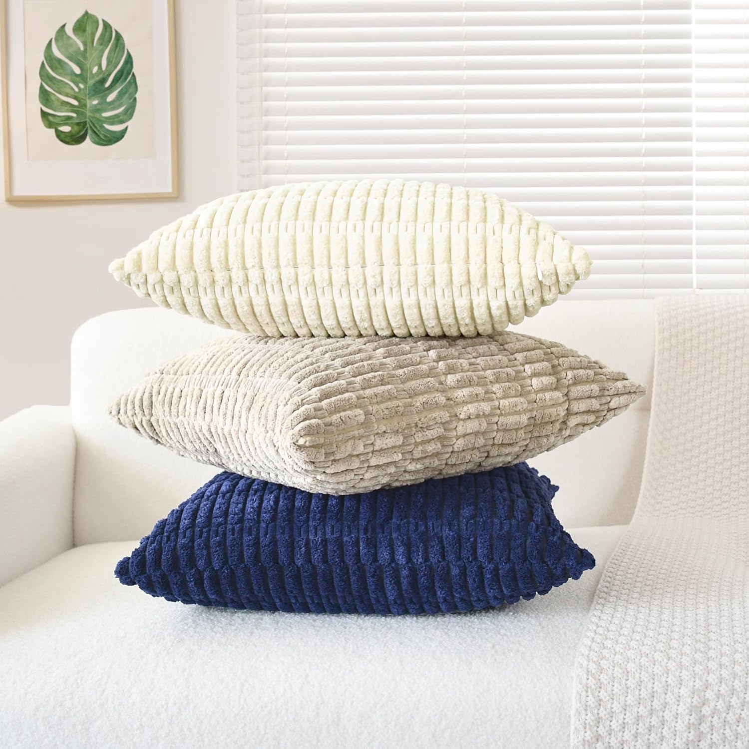 CaliTime Throw Pillow Covers Pack of 2 Comfy Corduroy Boho Striped Decorative Cushion Cases for Couch Sofa Bed Farmhouse 18 X 18 Inches Navy Blue - Image 5