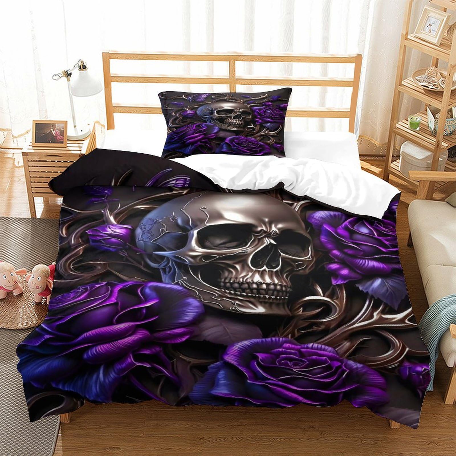 XiaopangXY Gothic Washable Duvet Cover Set Hidden Zipper Skull & Purple Roses Quilt Cover Set with Pillowcases Bedding Set Soft Microfiber Bed Linen Set for Kids & Adults Single（135x200cm）