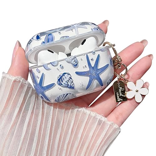 MINSCOSE Compatible with AirPods Pro 2nd/1st Generation,Cute Beautiful Seashell and Starfish Pattern Design with Keychain, Soft TPU Protective Shockproof Cover for AirPods Pro/Pro 2-Blue