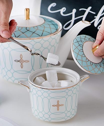 Miniatura 4 de Jusalpha China fina elegante tetera azul y crema juego de azucarero, JMTC (azul)