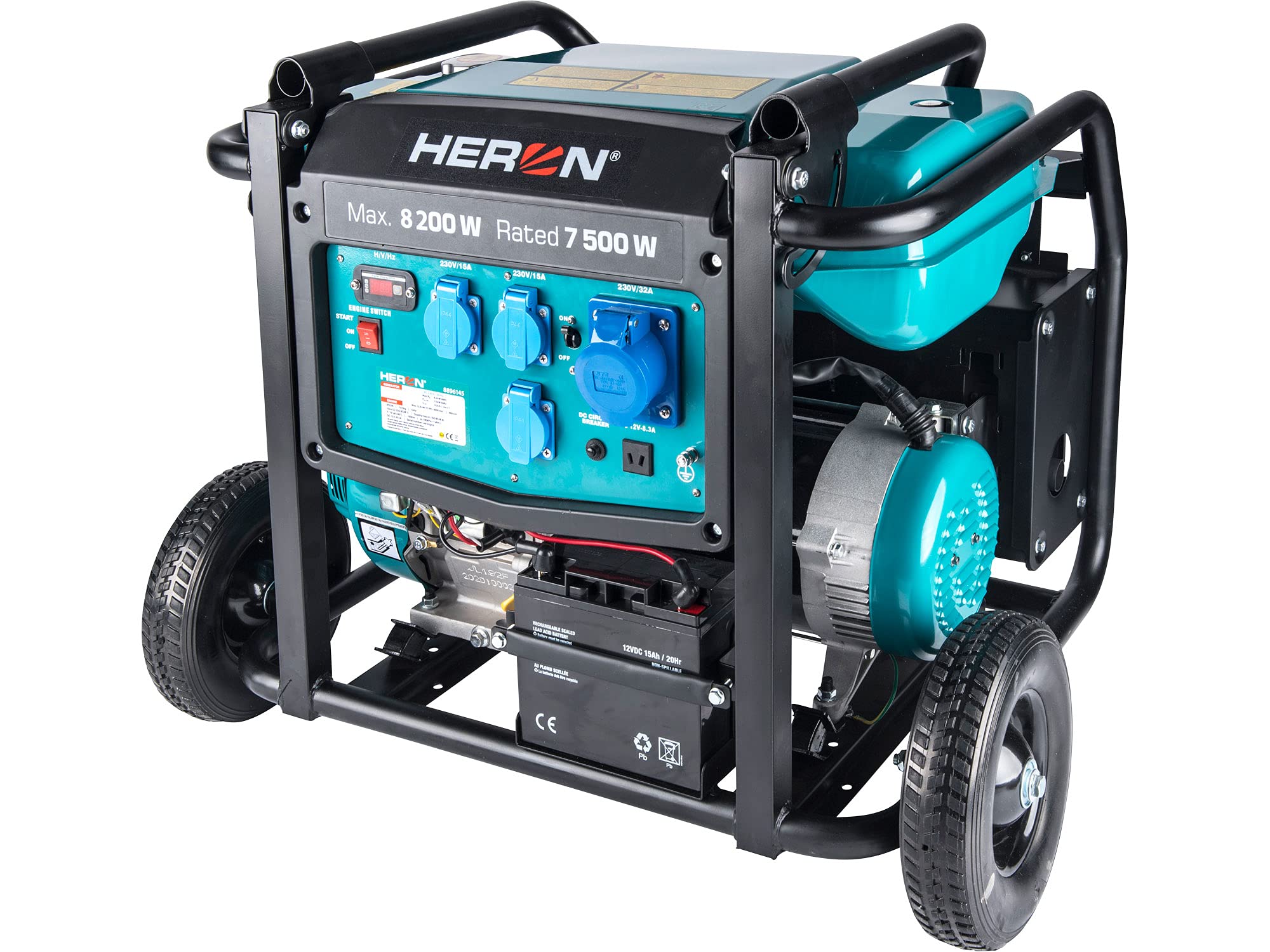 Heron Generator prądu na benzynę 17 KM I 8,2 kW I generator prądu ze zbiornikiem 28 l, podwoziem i rozrusznikiem elektrycznym I z trzema 16 A, 230 V i gniazdem 32 A 230 V, mobilny agregat prądotwórczy