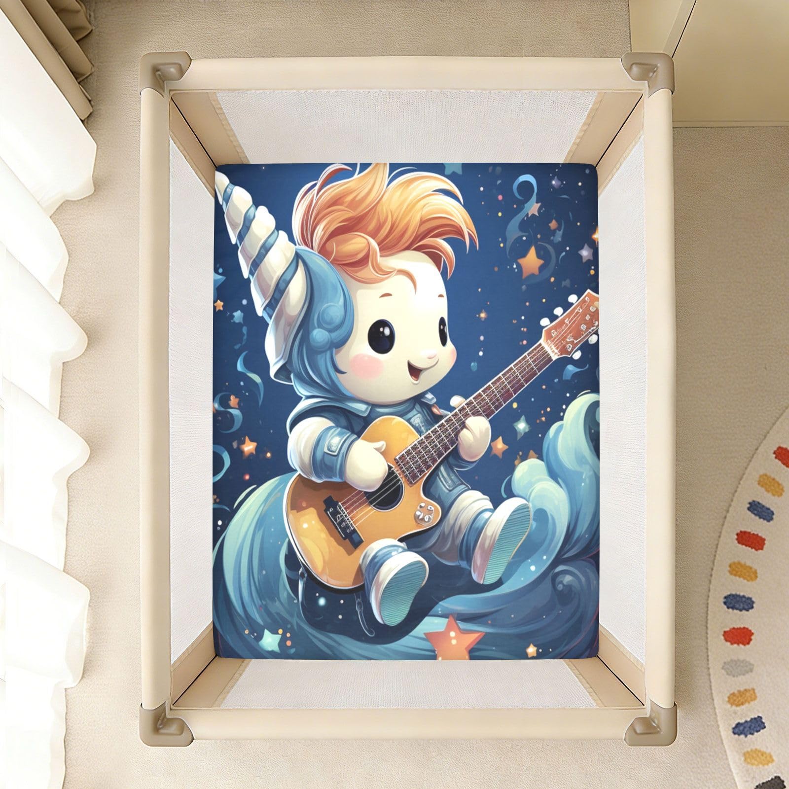 Estrella De Dibujos Animados Unicornio Guitarra Sábana de Cuna para Niños Pequeños,Sábanas de Algodón Suave para Bebés Aptas para Colchón Corralito