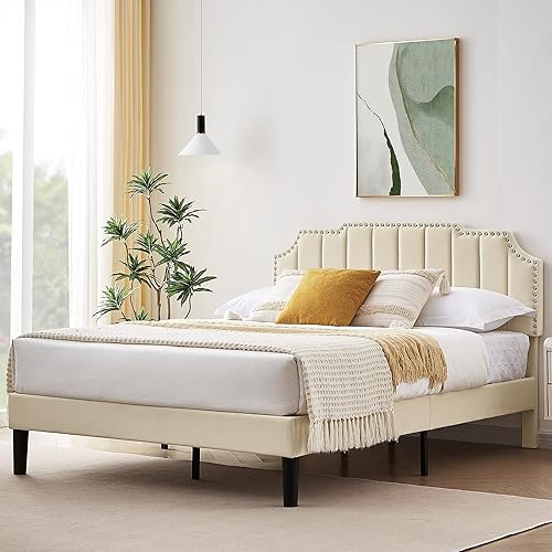 Miniatura 89 de VECELO Base de cama tamaño Queen tapizada con cabecera ajustable copetuda/base de colchón con soporte de listones de madera, fácil montaje, azul