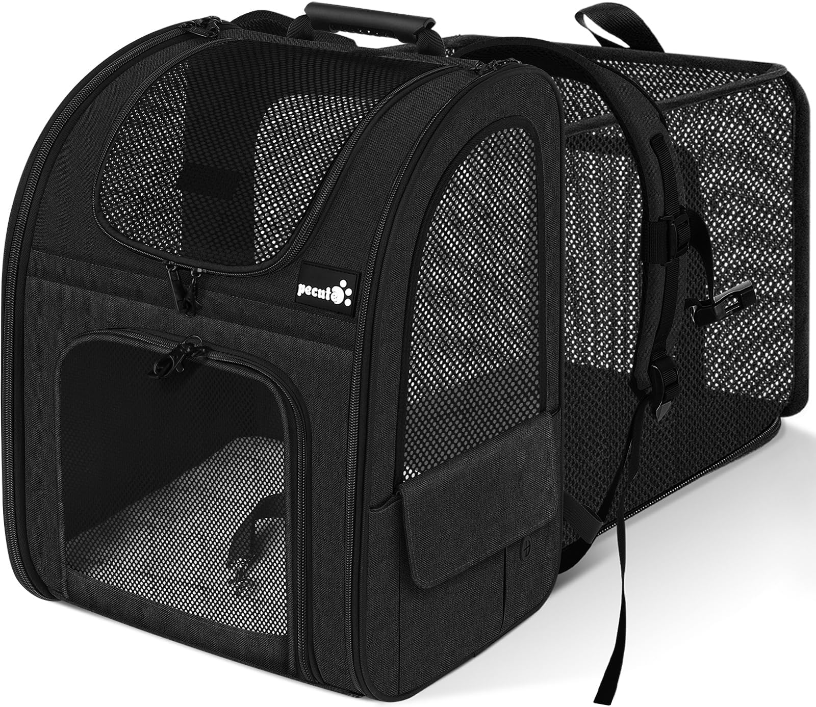 Cat Carrier Dog Backpack Expandable, Portable Breathable Rucksack with Front Opening-Mesh Window-Pockets, Extendable Back More Space Great For Carrying Puppy Dogs Cats (Black)