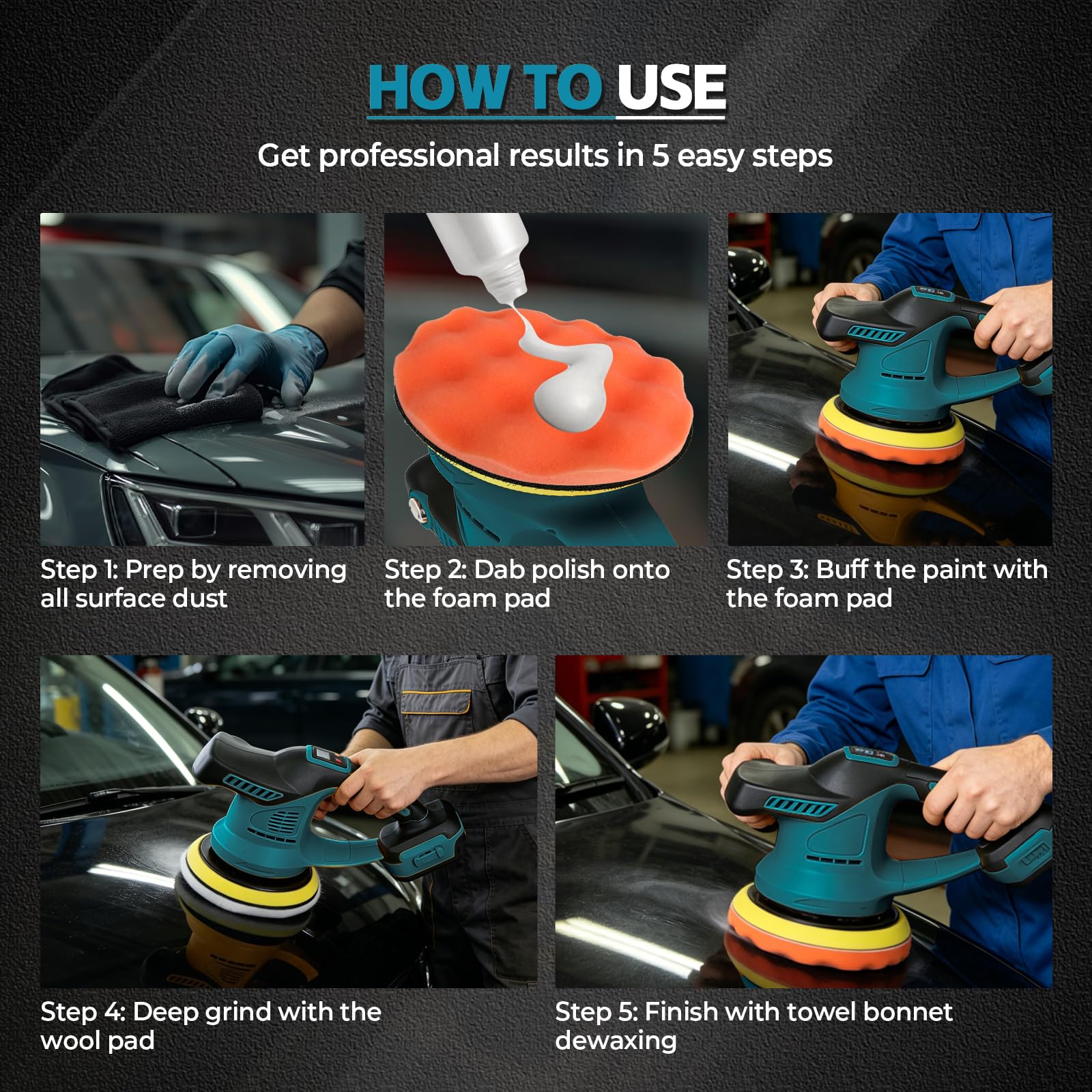 Lucidatrice auto per Makita 18 V, lucidatrice eccentrica senza spazzole da 15,2 cm, con velocità a 6 livelli fino a 6000 giri/min, per lucidatura, cera, trattamento auto (blu, per Makita)