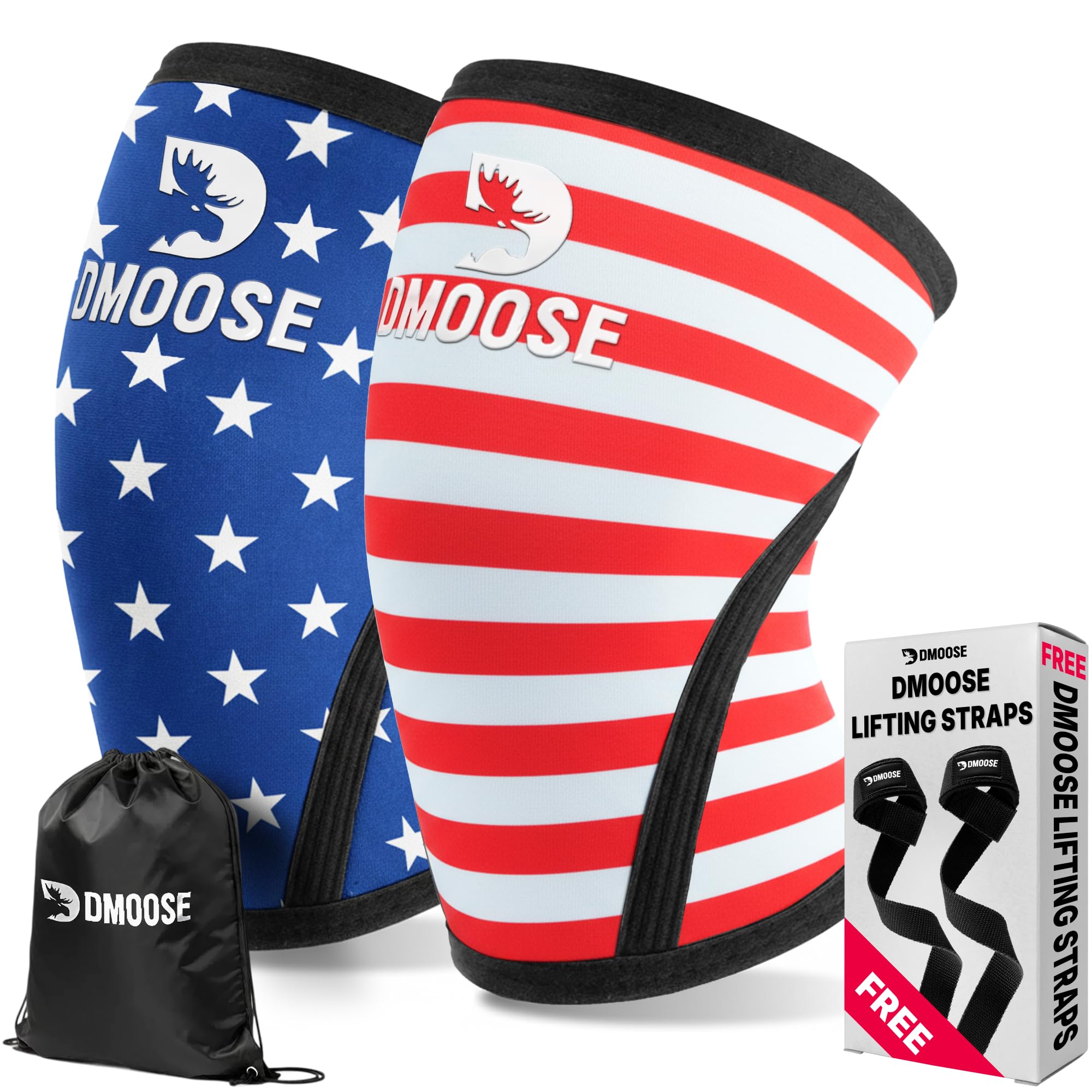 DMoose Fitness Knee Sleeves for Weightlifting with 2 Straps &amp; Gym Bag - 7mm Compression Sleeve for Joint Stability &amp; Squats