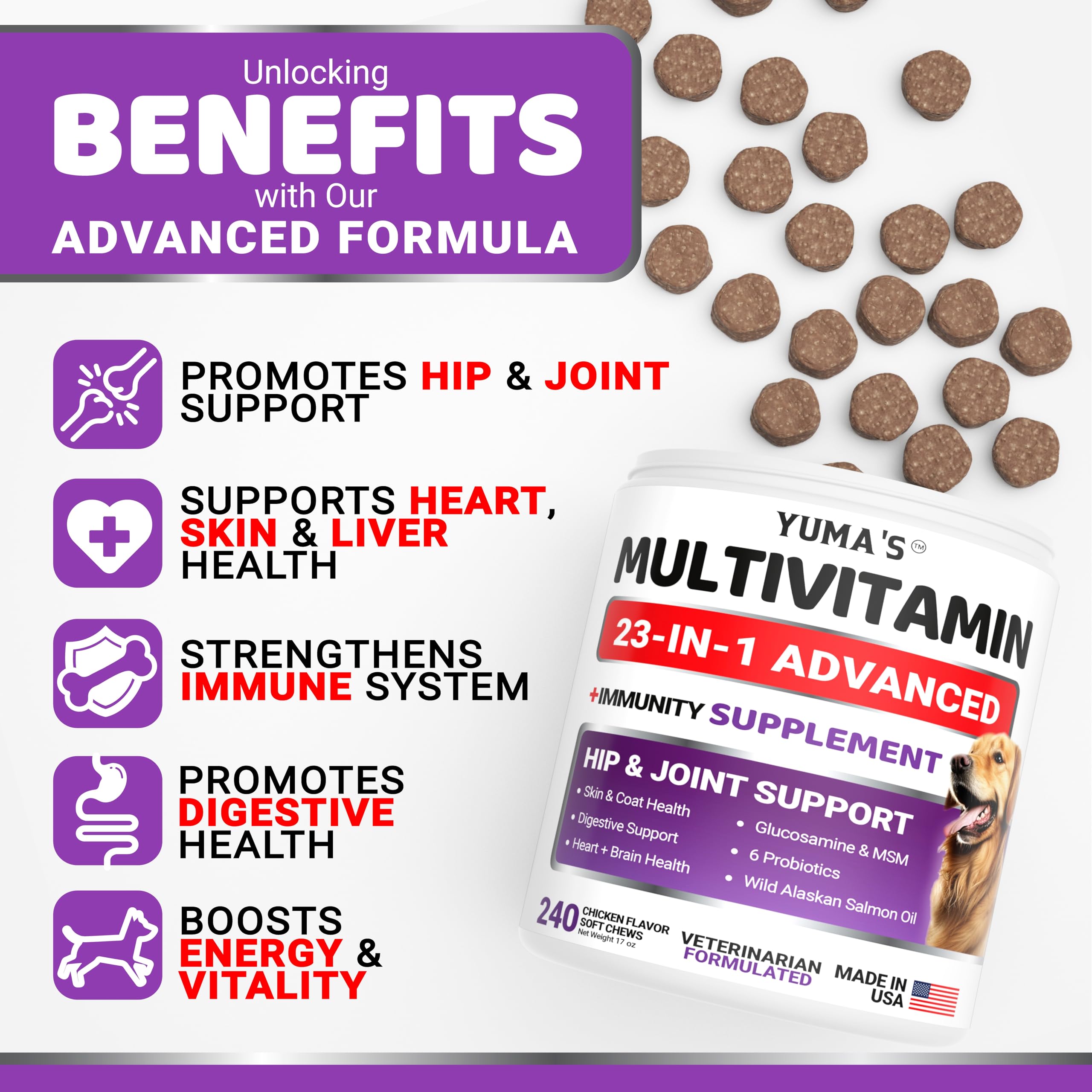 Dog Multivitamin Chewable with Glucosamine - 240 Treats - Dog Vitamins and Supplements - Senior & Puppy Multivitamin for Dogs - Hip & Joint Support - Immune Health, Skin, Heart, Digestion, Probiotics - image 3