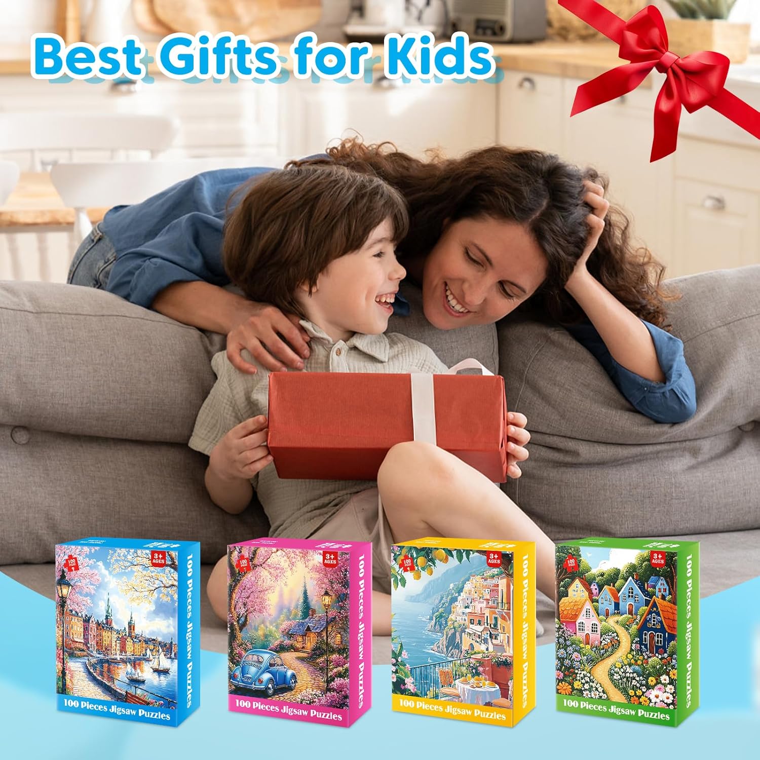 4-Pack 100 Piece Puzzle for Seniors Family Puzzles for Kids and Adults - City & Country View - Large Piece Puzzles for Kids Ages 4-6 6-8 8-10 Learning Educational Toys for Boys and Girls