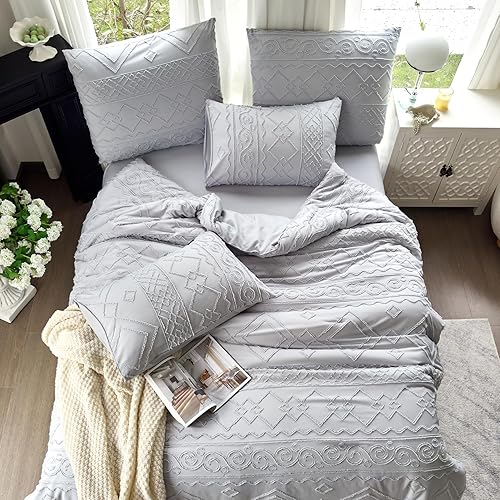 Miniatura 5 de Juego de edredón copetudo, tamaño Queen, 3 piezas, color gris, bohemio, decoración de casa de campo para todas las estaciones, tamaño Queen, juego