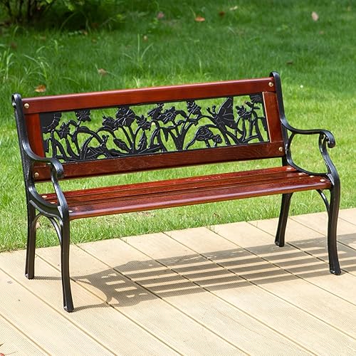 MFSTUDIO Outdoor Metal Kids Bench, Mini Sized Patio Garden Bench with Wooden Seat and Cast Iron Backrest for Porch