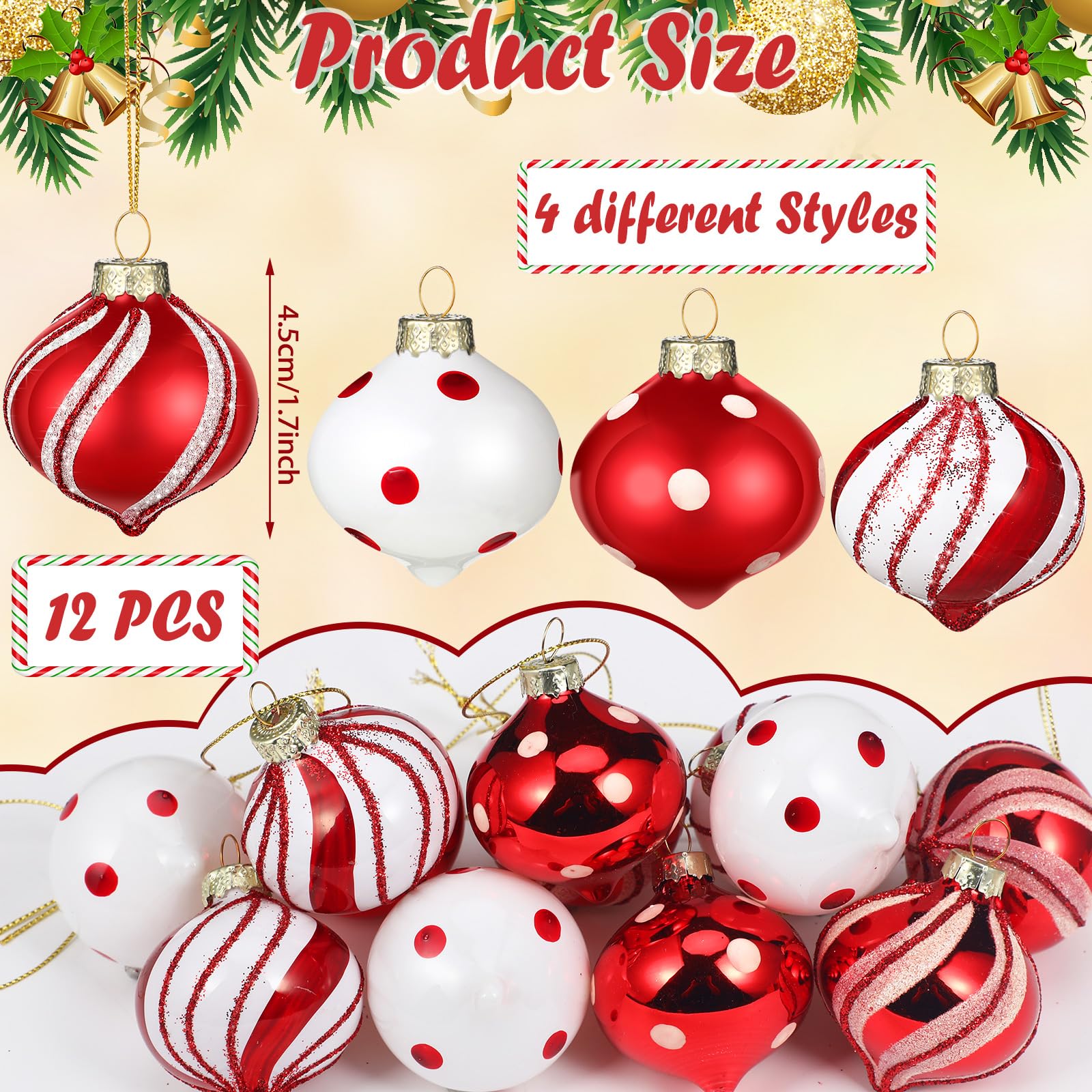 Hungdao Pfefferminz-Süßigkeiten-Ornament-Set – Weihnachtskugeln, Mini-Glasornamente für Innen- und Außenbereich, Baumdekoration, 12 Stück