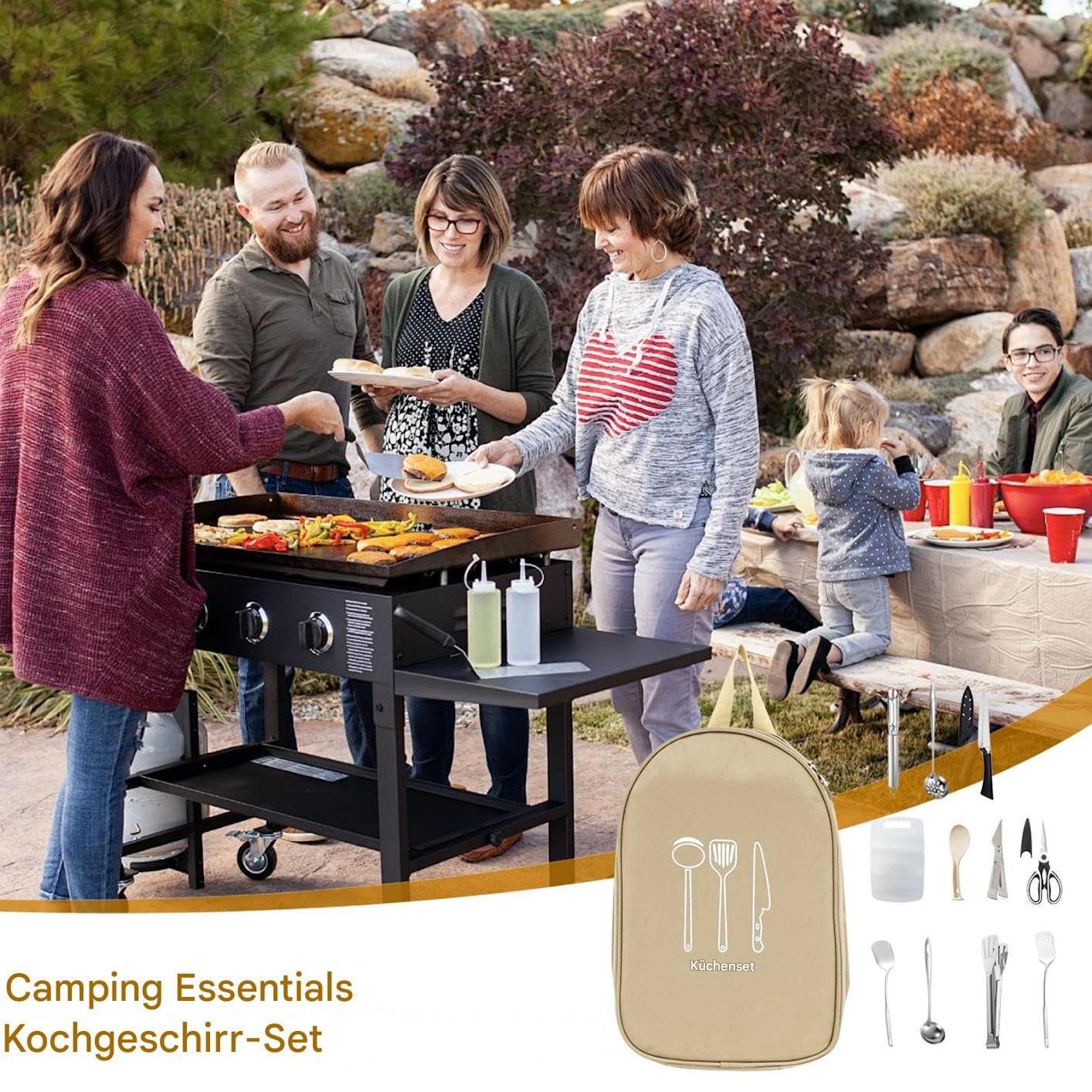 Set di stoviglie da campeggio, organizer per cucina da campeggio, attrezzatura portatile per donne e uomini, barbecue, picnic, zaino in spalla, escursionismo