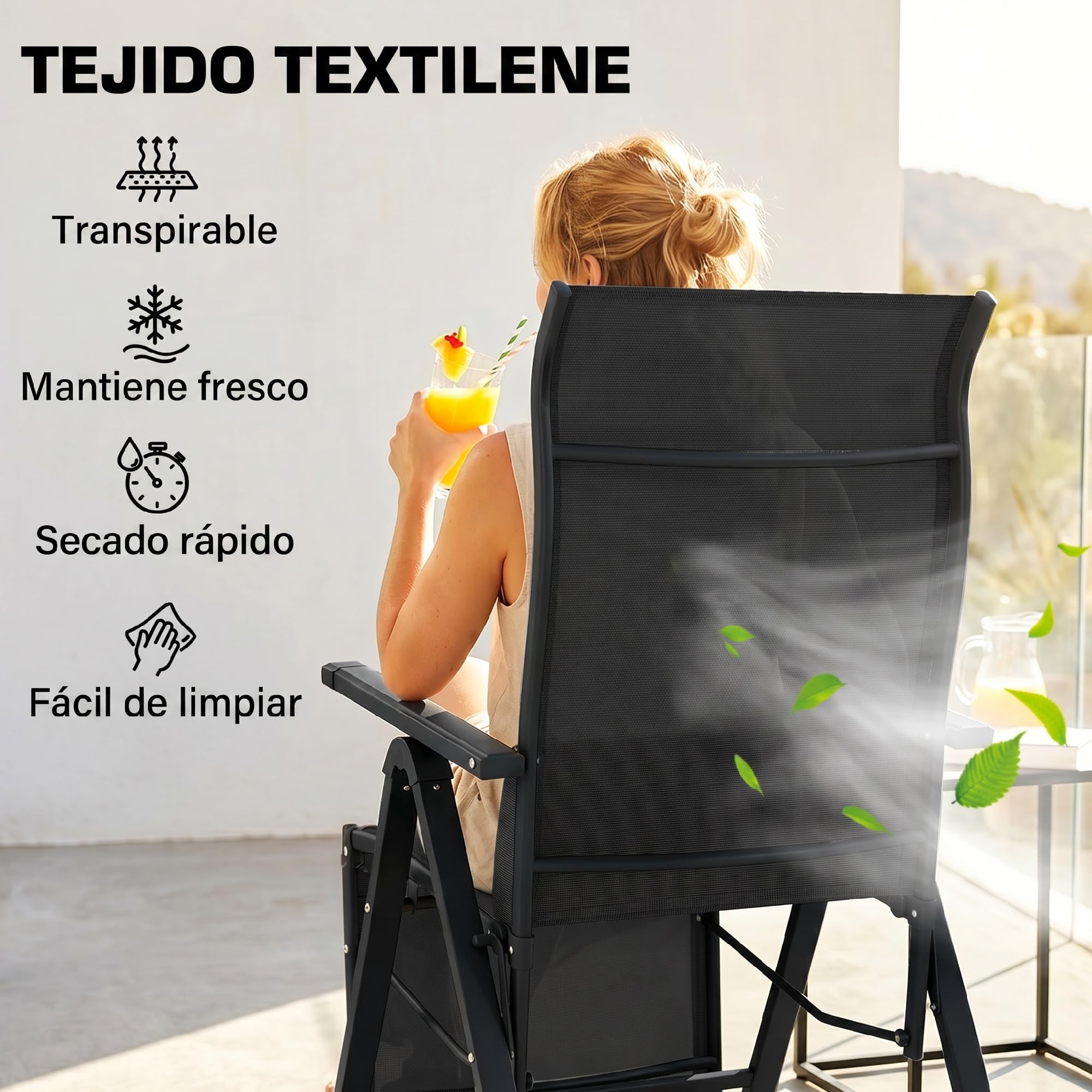Outsunny Silla Reclinable Plegable de Jardín 9 Posiciones 150 kg Negro | Respaldo Ajustable, Cojín Lumbar, Estructura de Acero y Textilene Transpirable