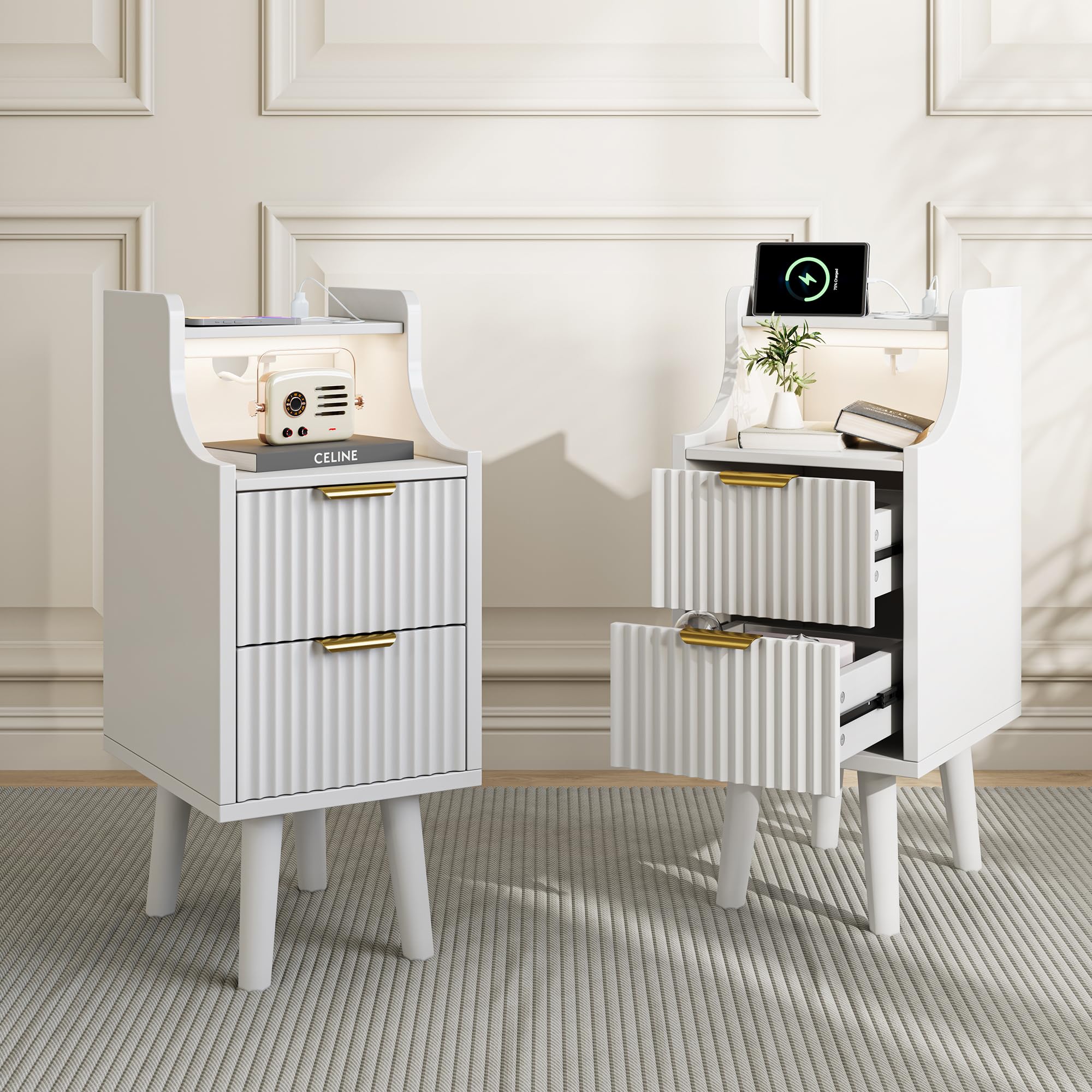 Table de Chevet étroite avec Prise USB-C et LED Intégrée en Blanc