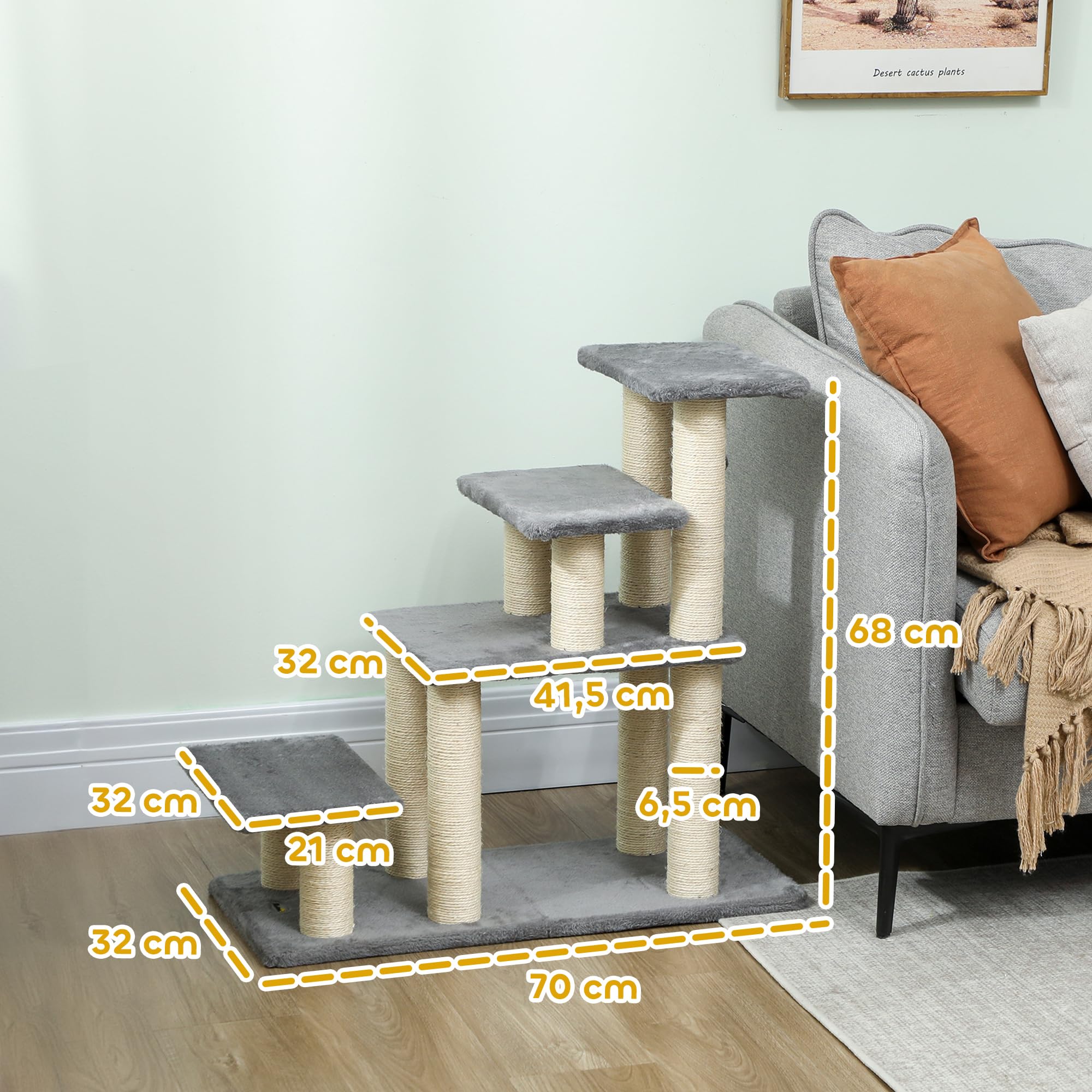 PawHut Escalera para Mascotas Ajustable de 3/4 Peldaños, Escalera para Gatos con Postes Rascadores y Bola Colgante, para Alféizares, Sofá y Cama, Gris