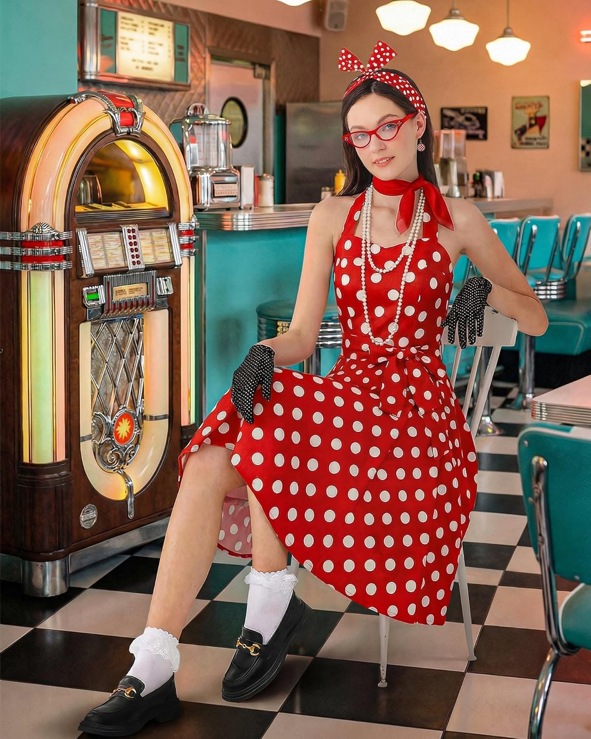 Women's 1950s Polka Dress Set Audrey Vintage-Inspired Cocktail Halter Swing Dress with Accessories 10PCS