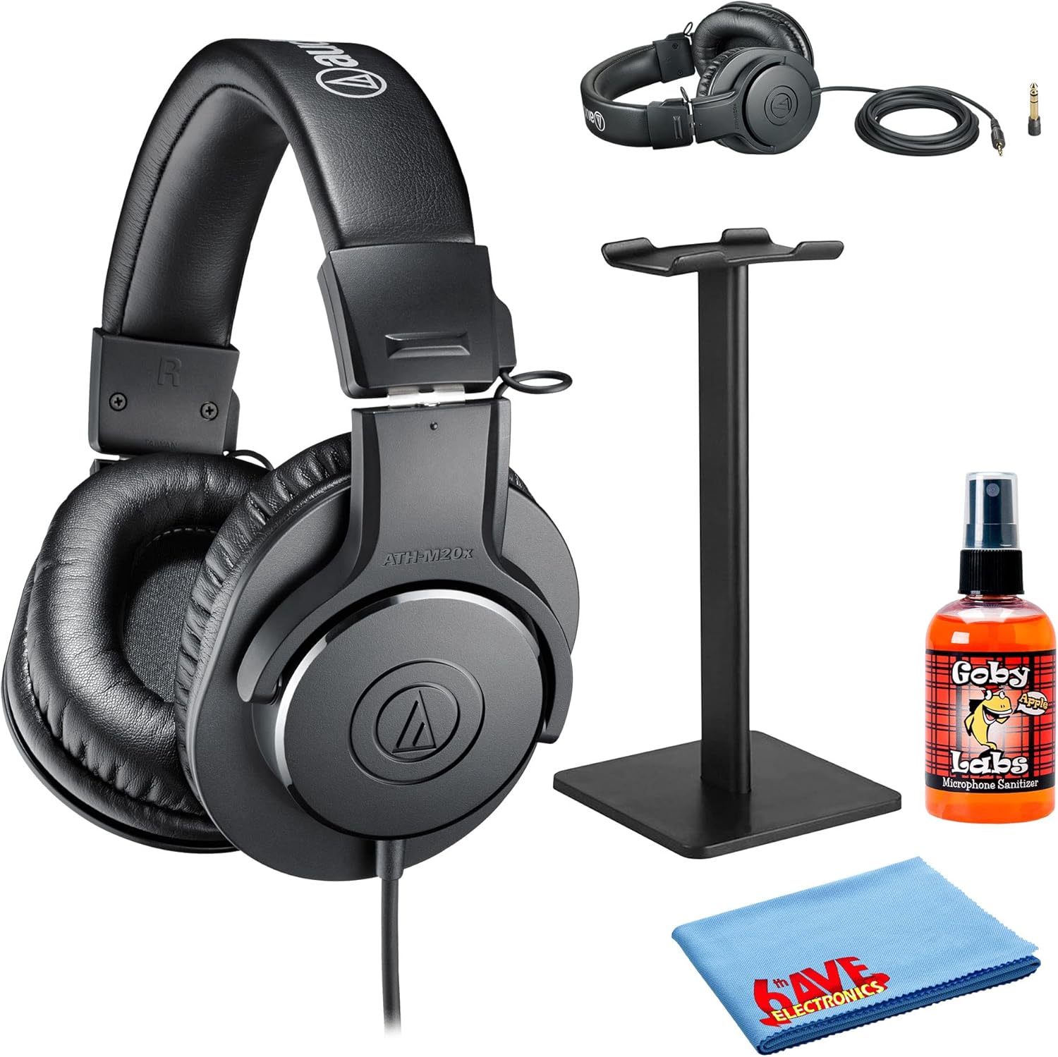Audio-Technica ATH-M20x Professional Studio Monitor Headphones with Headphone Stand & Goby Labs Headphone Cleaner w/Cloth Audio-Technica ATH-M20x Professional Studio Monitor Headphones with Headphone Stand & Goby Labs Headphone Cleaner w/Cloth