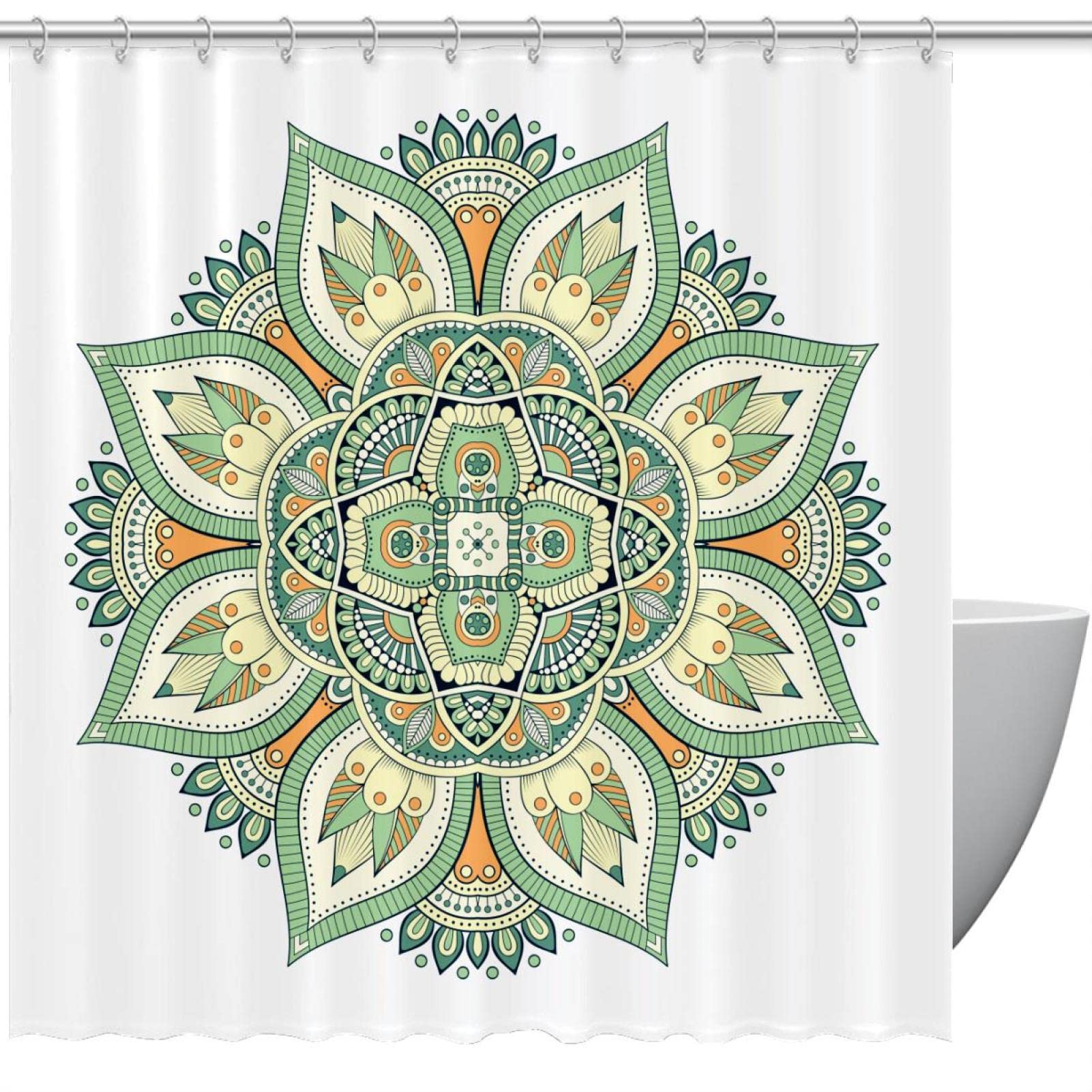 Rideau de douche mandala vert avec crochets pour salle de bain